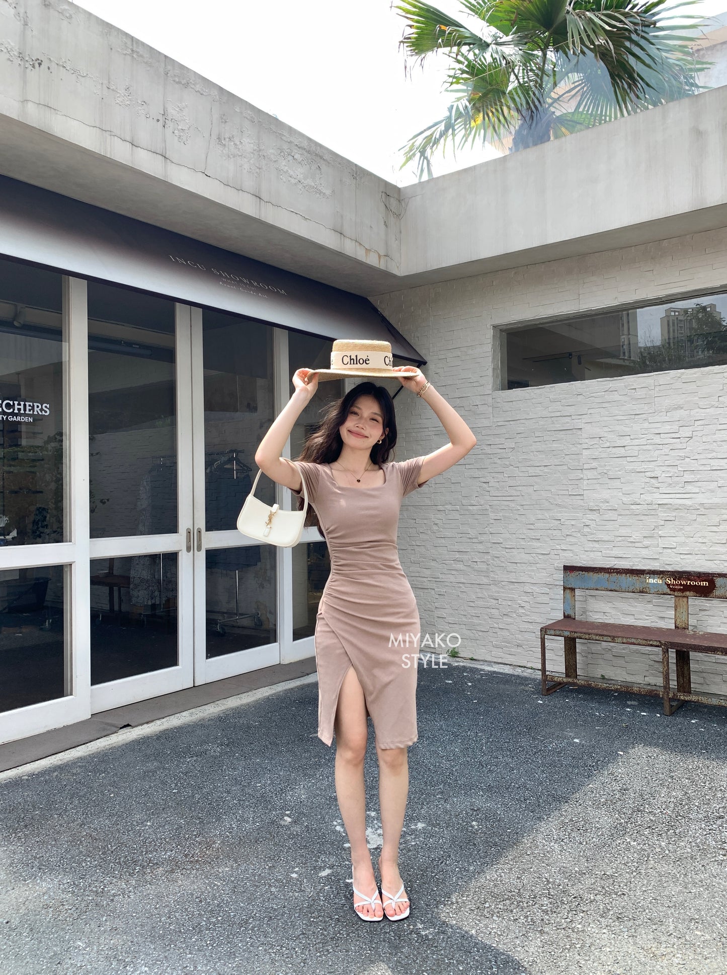 Valentina Short Sleeve Split Dress in Brown