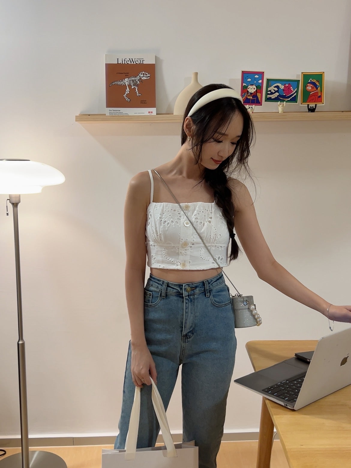 Summer cotton eyelet cami top White