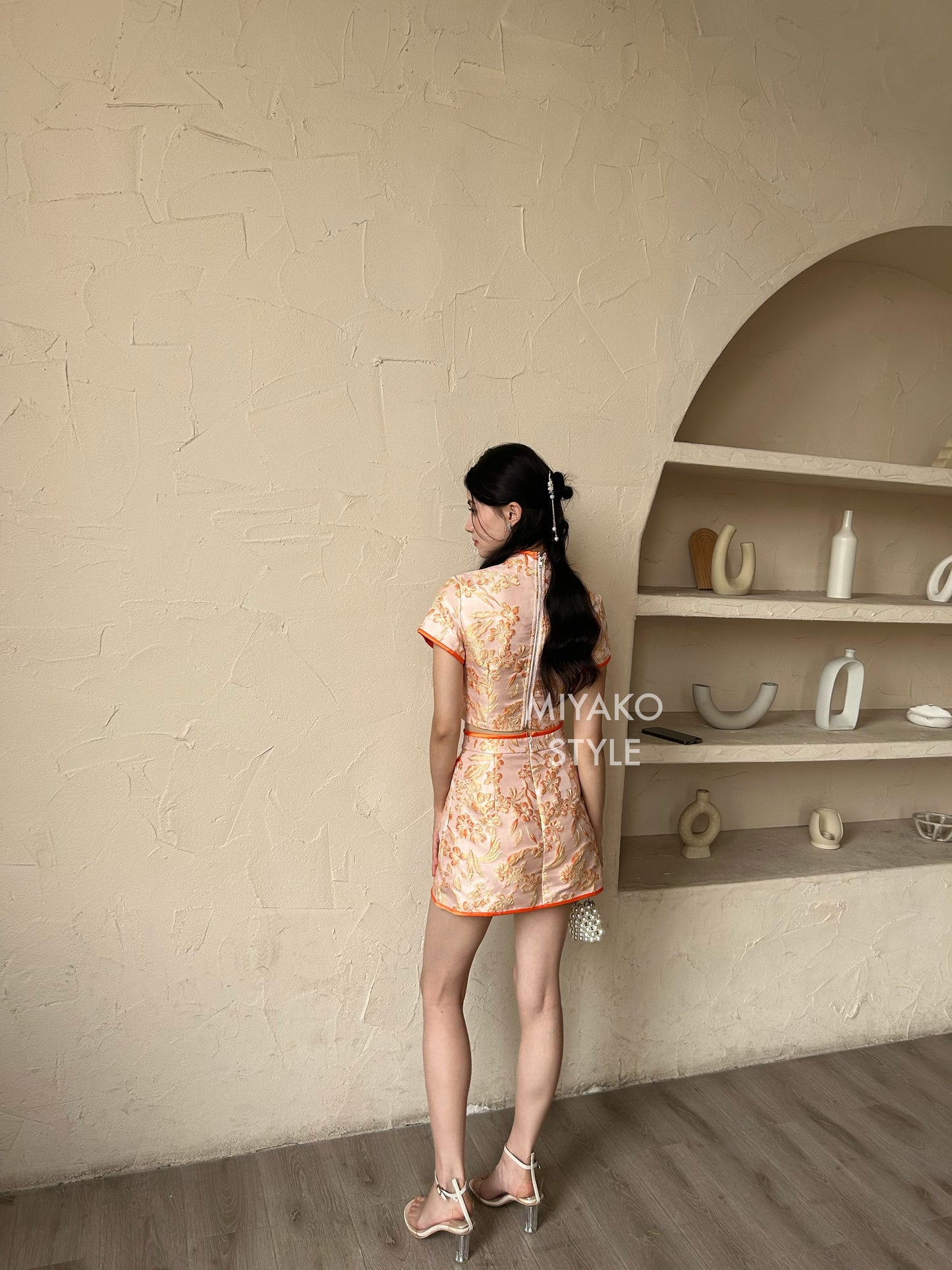 【龍華富貴】 Royal Cheongsam mini skirt in Tangerine FLOWER 桔祥如意 (裙子only)