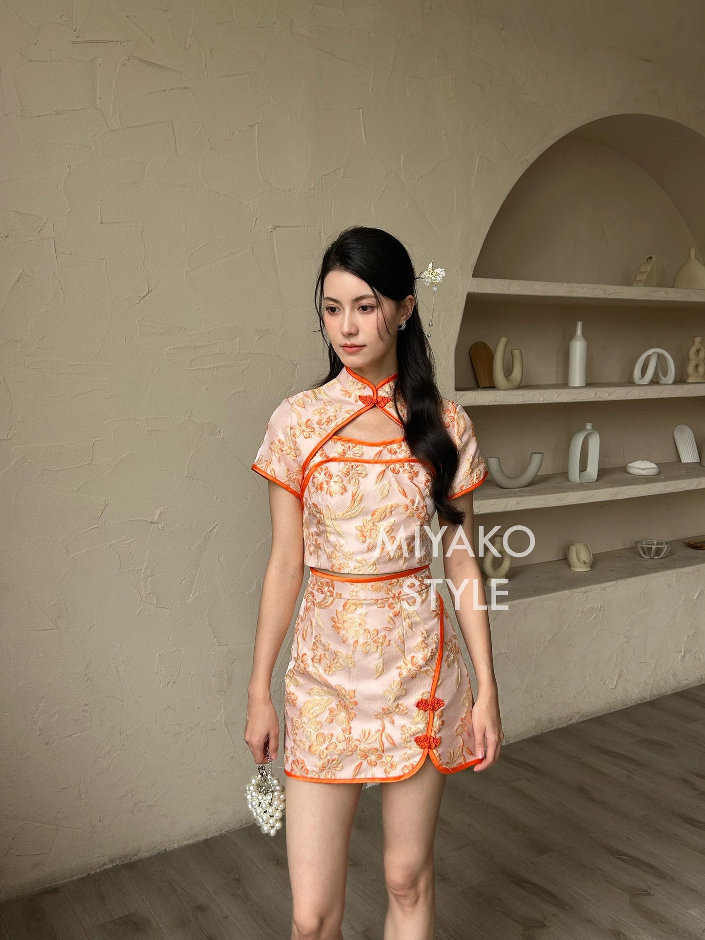 【龍華富貴】 Royal Cheongsam mini skirt in Tangerine FLOWER 桔祥如意 (裙子only)