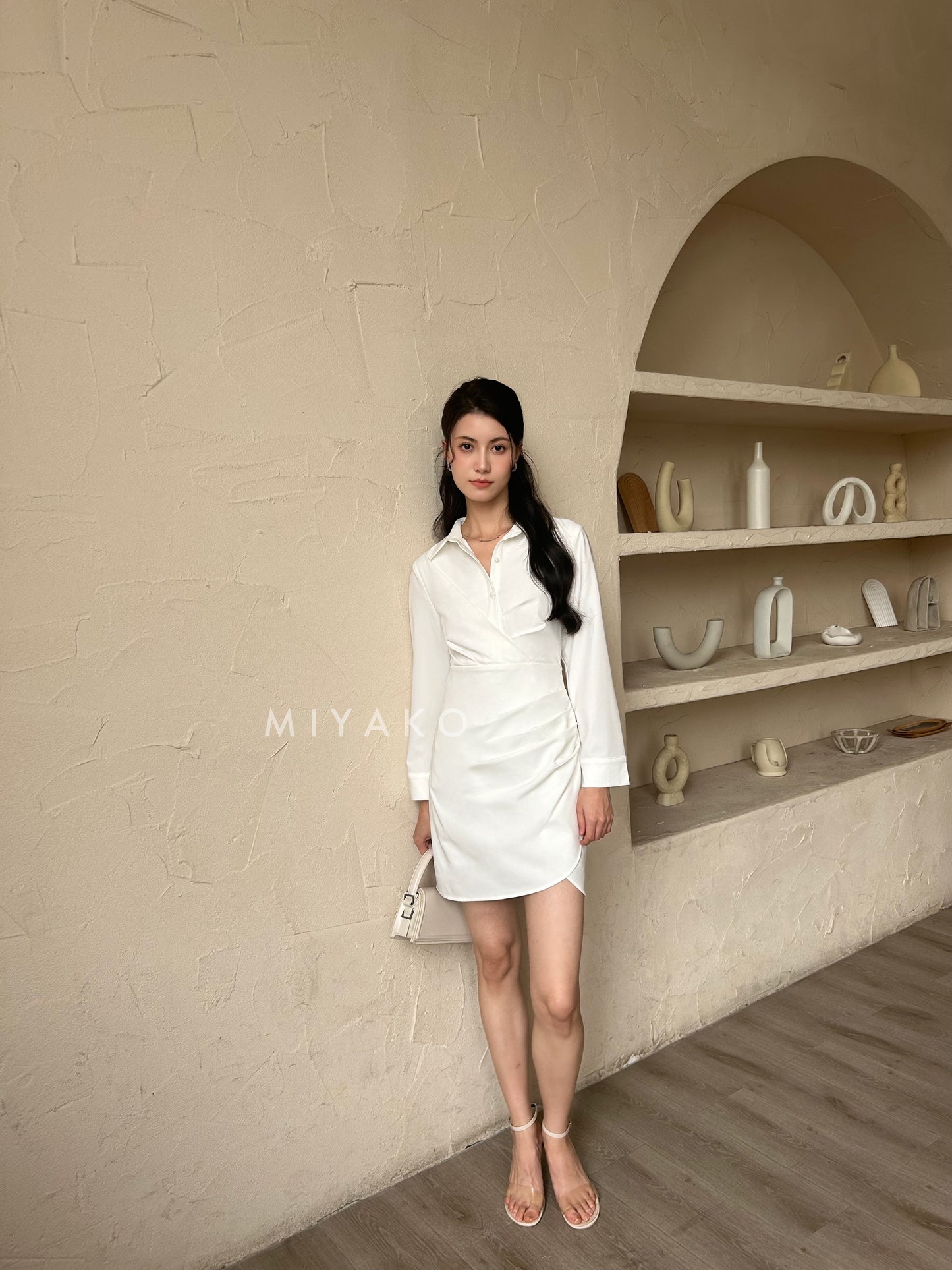 Jovene Collar Long Sleeve Dress in White