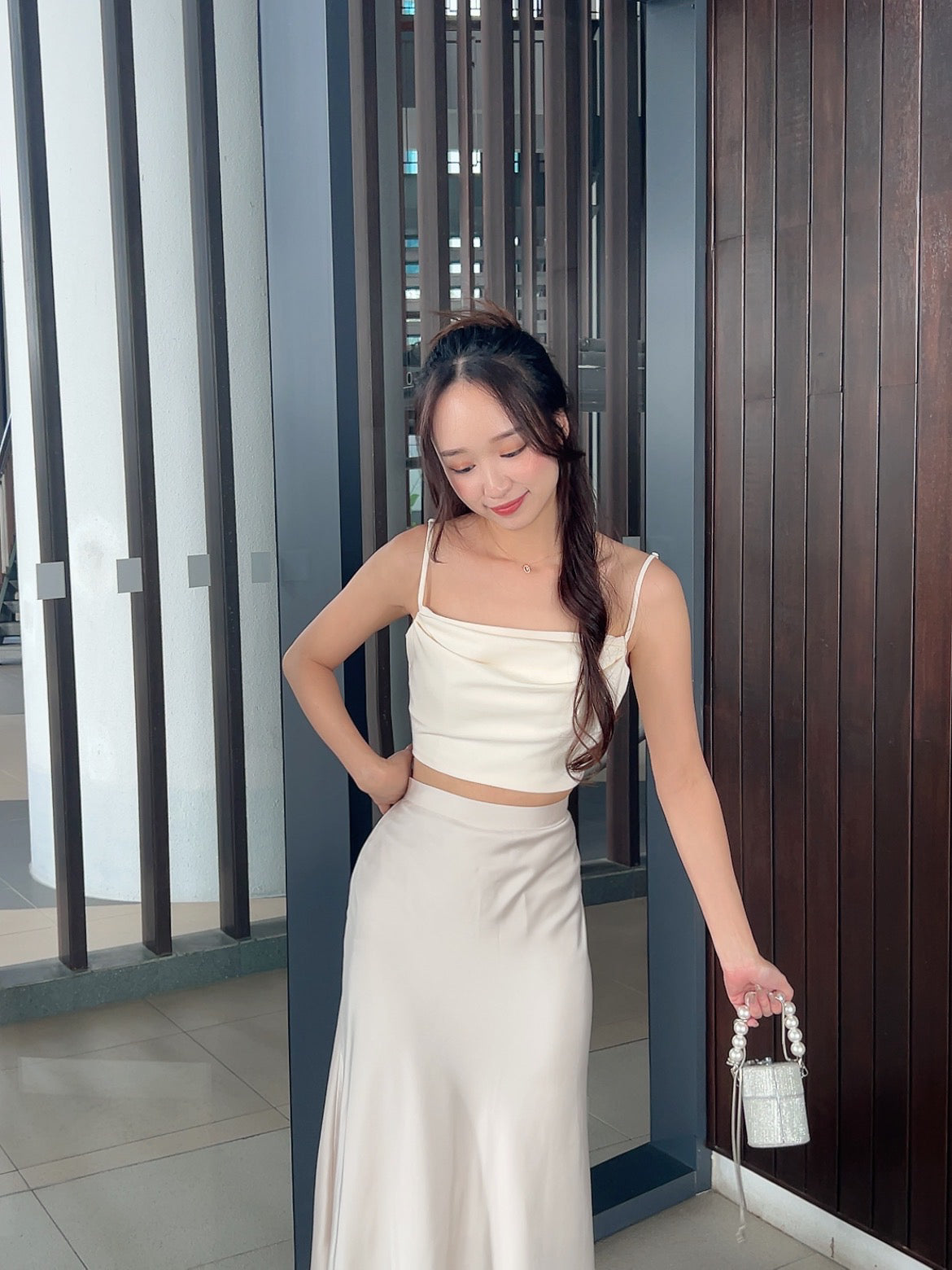Rosy Satin Cami Top in Champagne