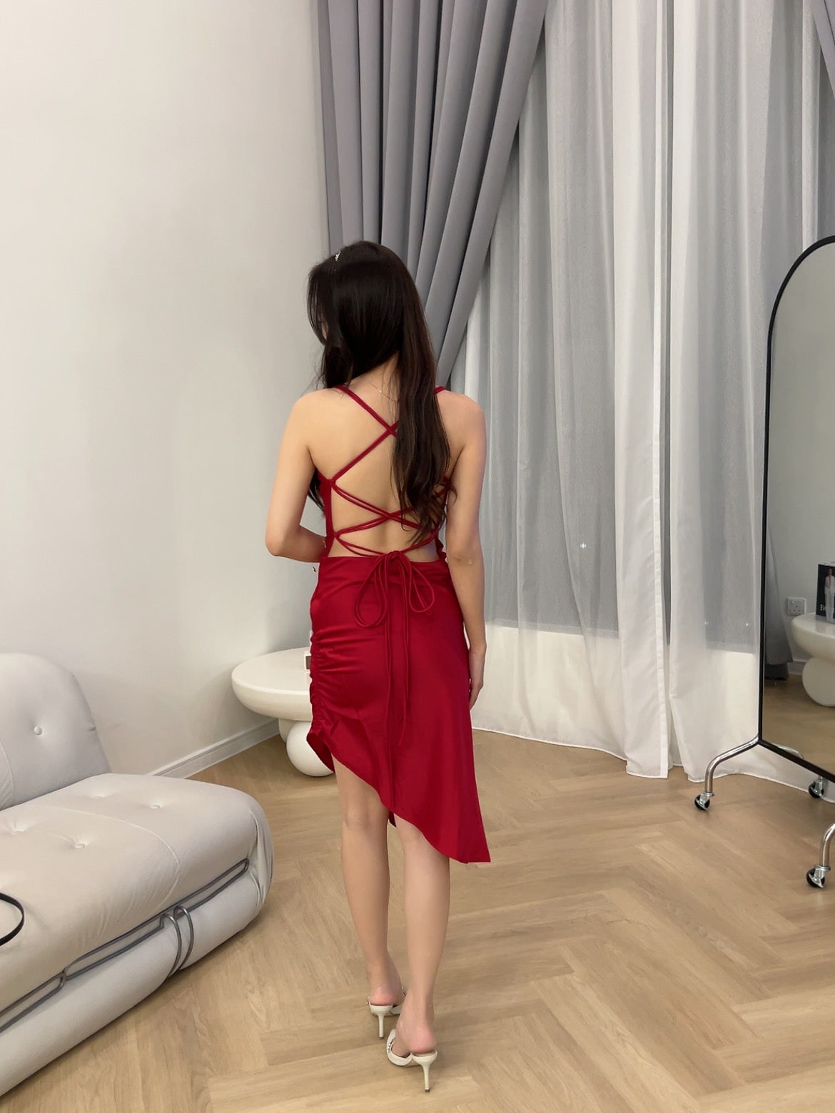 Mia Sexy Split Satin Short Dress in Red