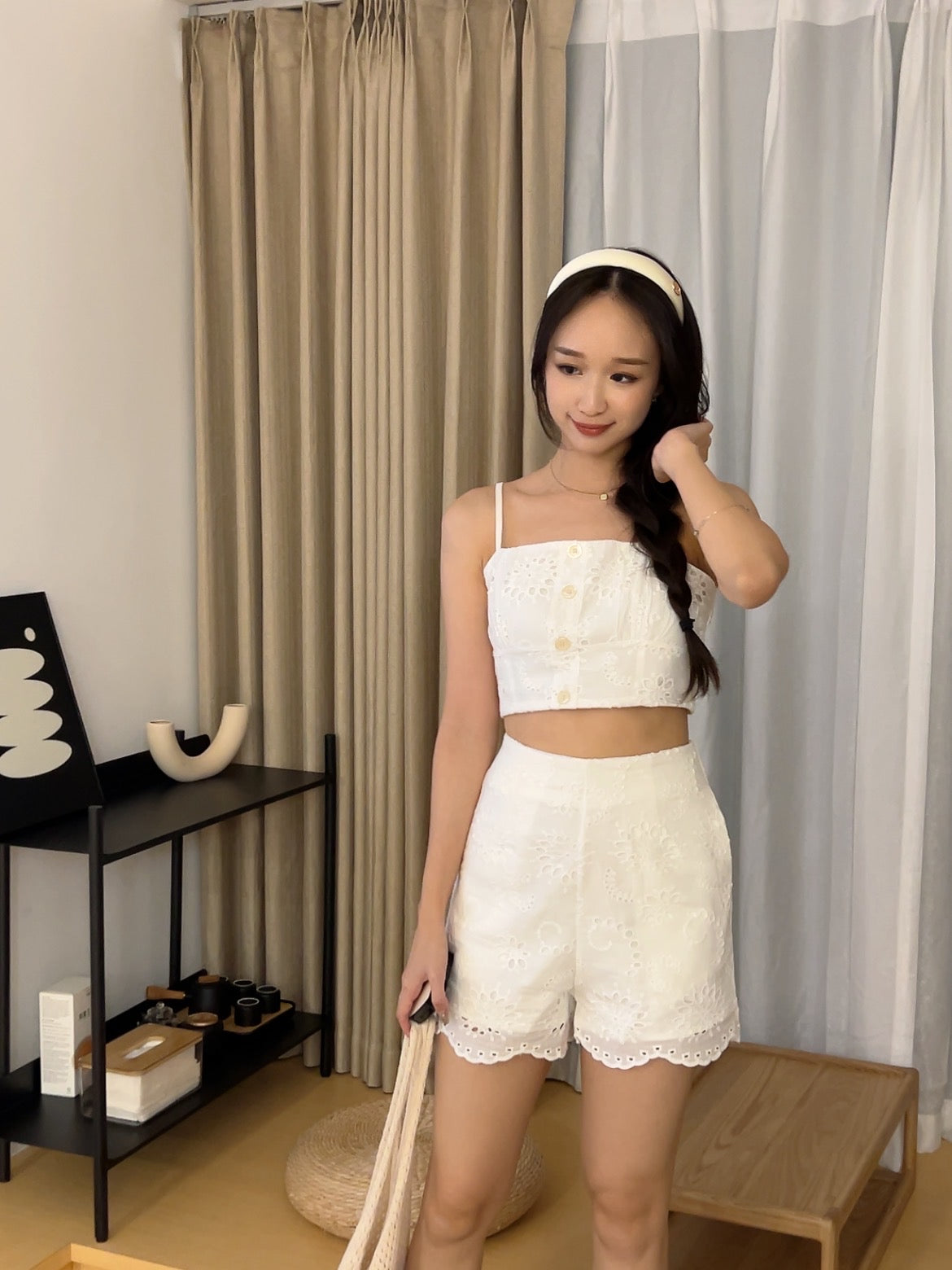 Summer cotton eyelet cami top White