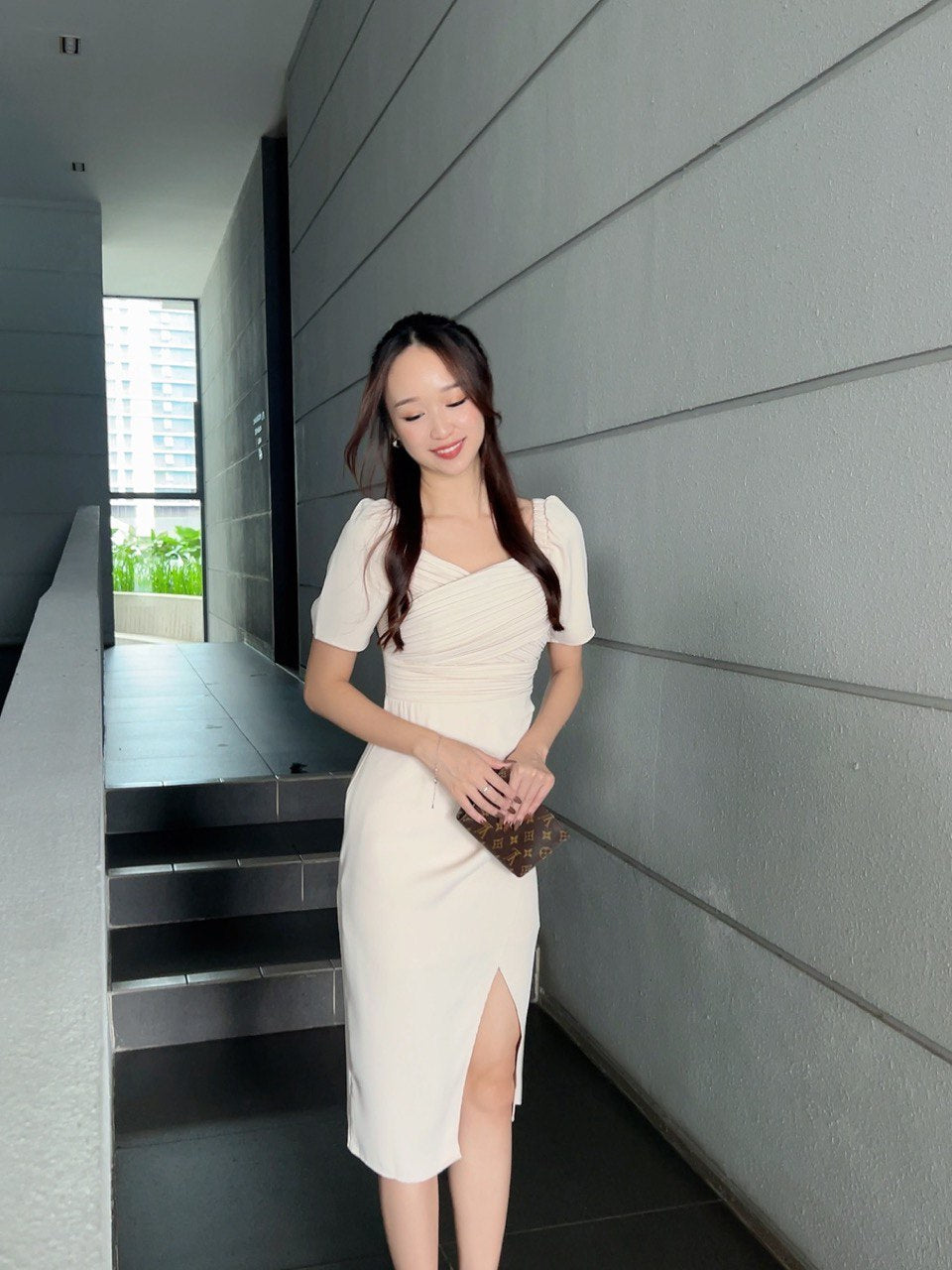 Alyssa Elegant Long Split Dress in Beige