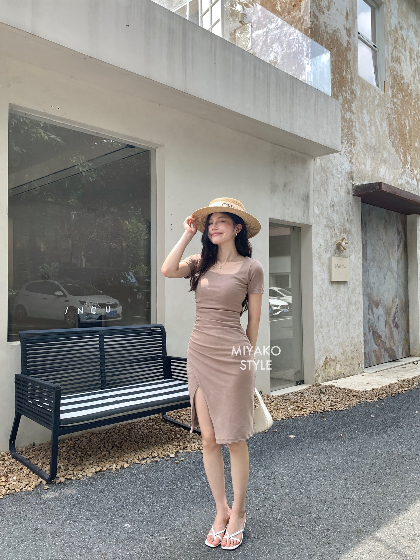 Valentina Short Sleeve Split Dress in Brown
