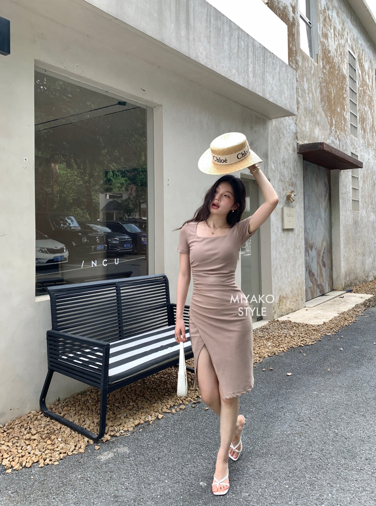 Valentina Short Sleeve Split Dress in Brown