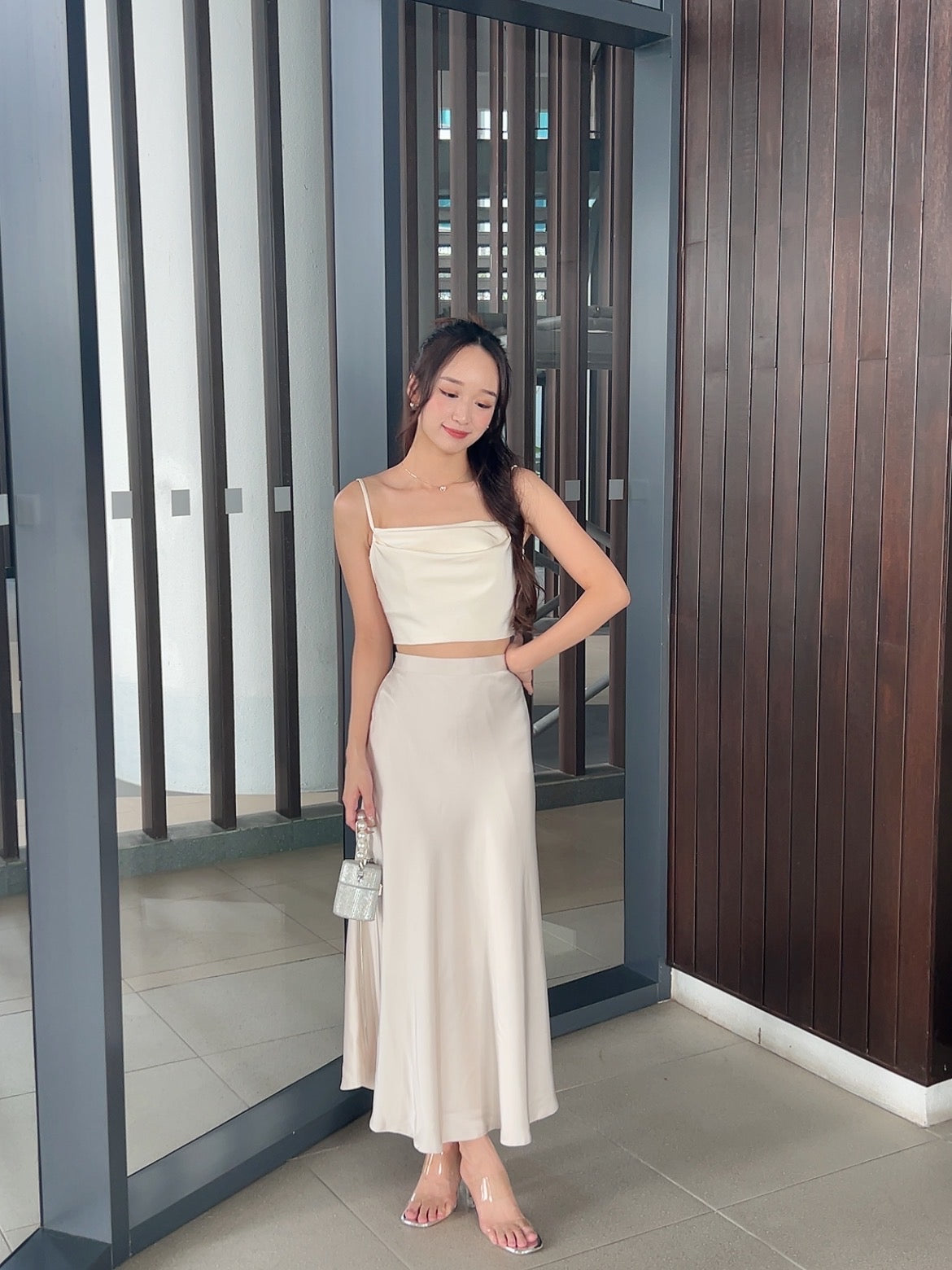Rosy Satin Cami Top in Champagne