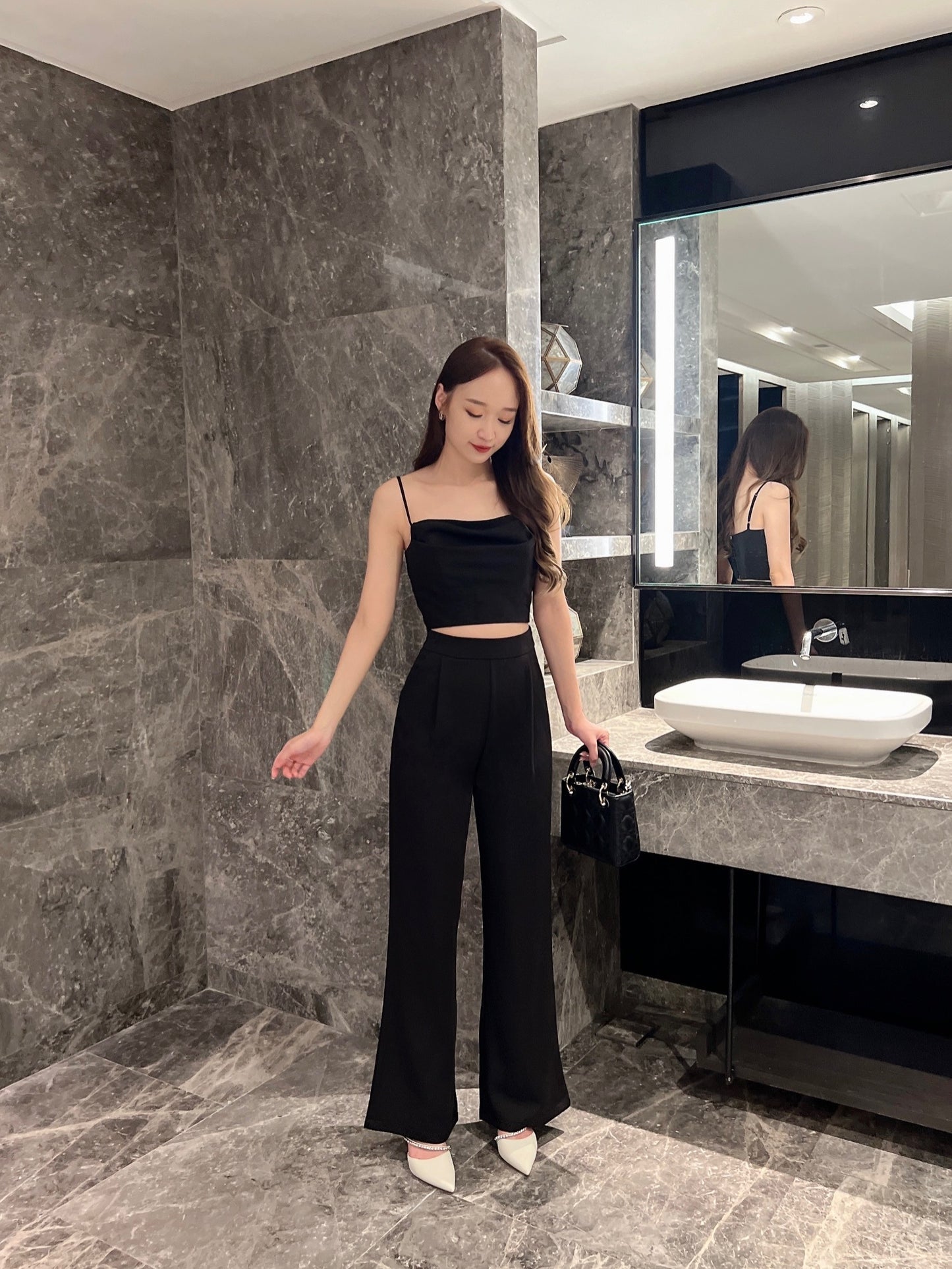 Rosy satin high waist pant in Black