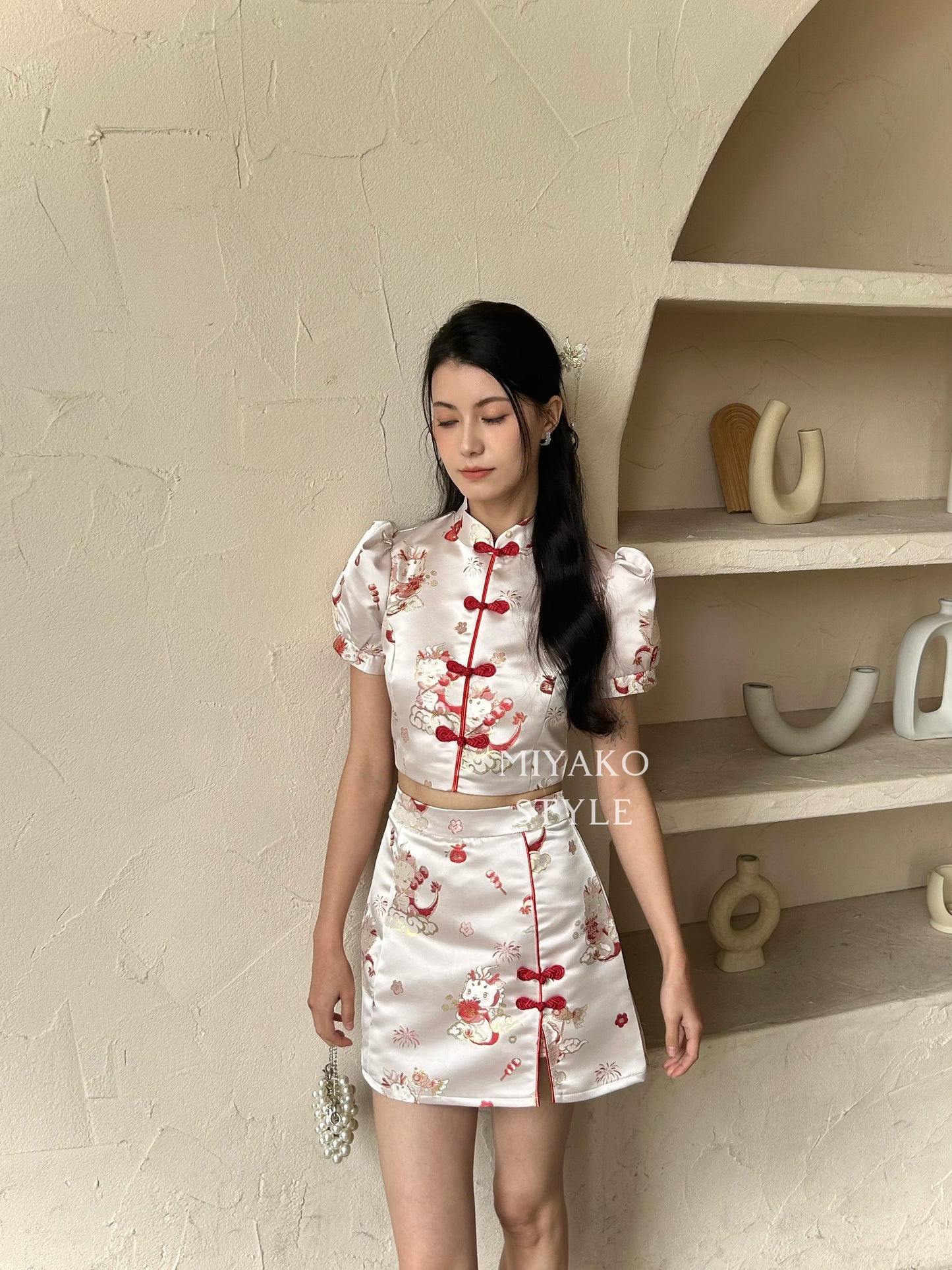 【喜乐龙龙】Joyful Dragon Cheongsam Short Blouse in Blue 蓝色（直扣上衣only）