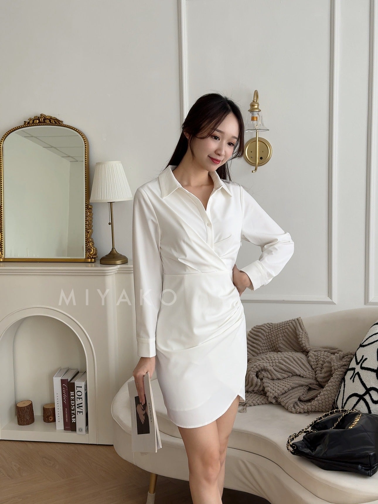 Jovene Collar Long Sleeve Dress in White