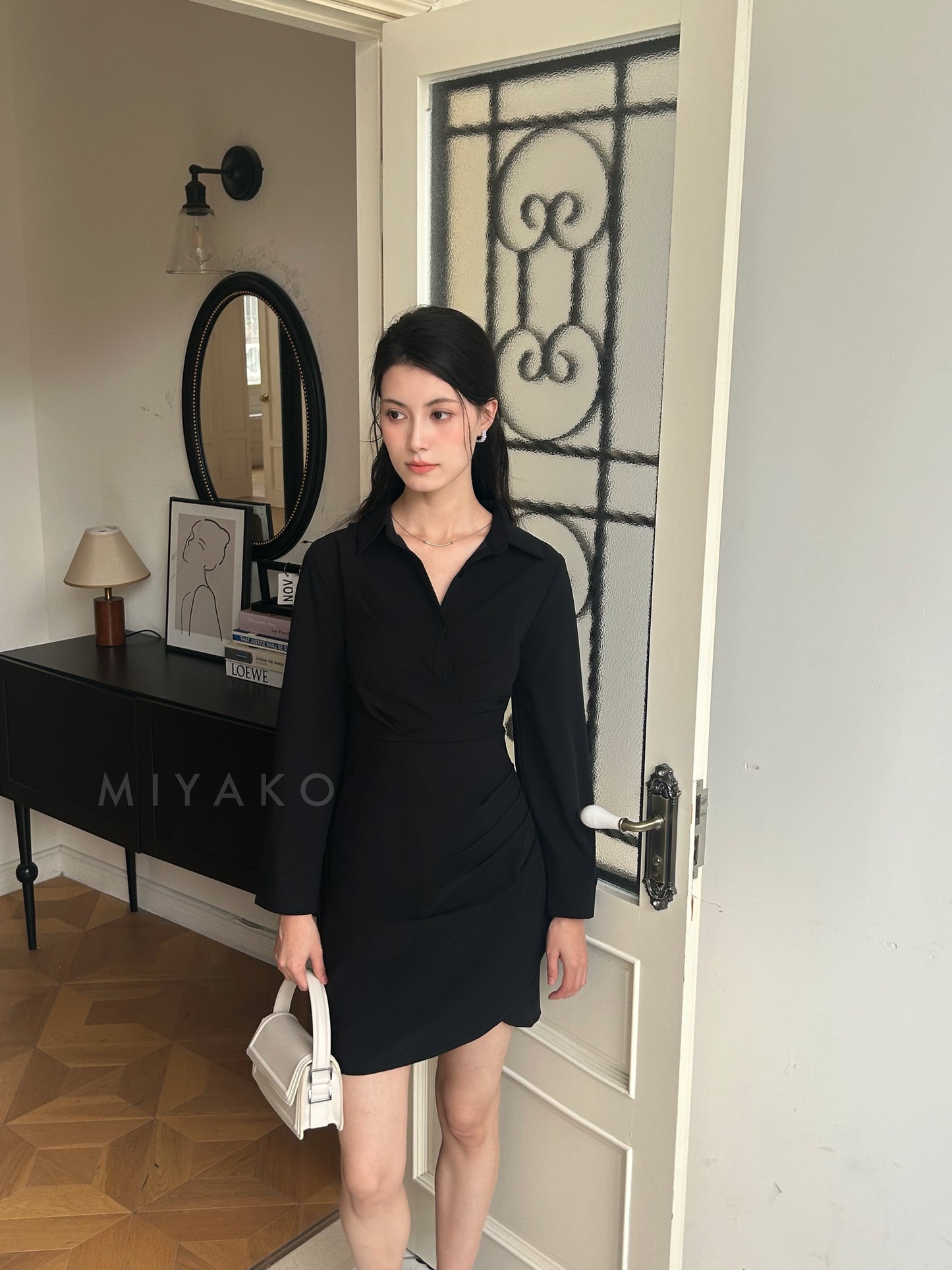 Jovene Collar Long Sleeve Dress in Black