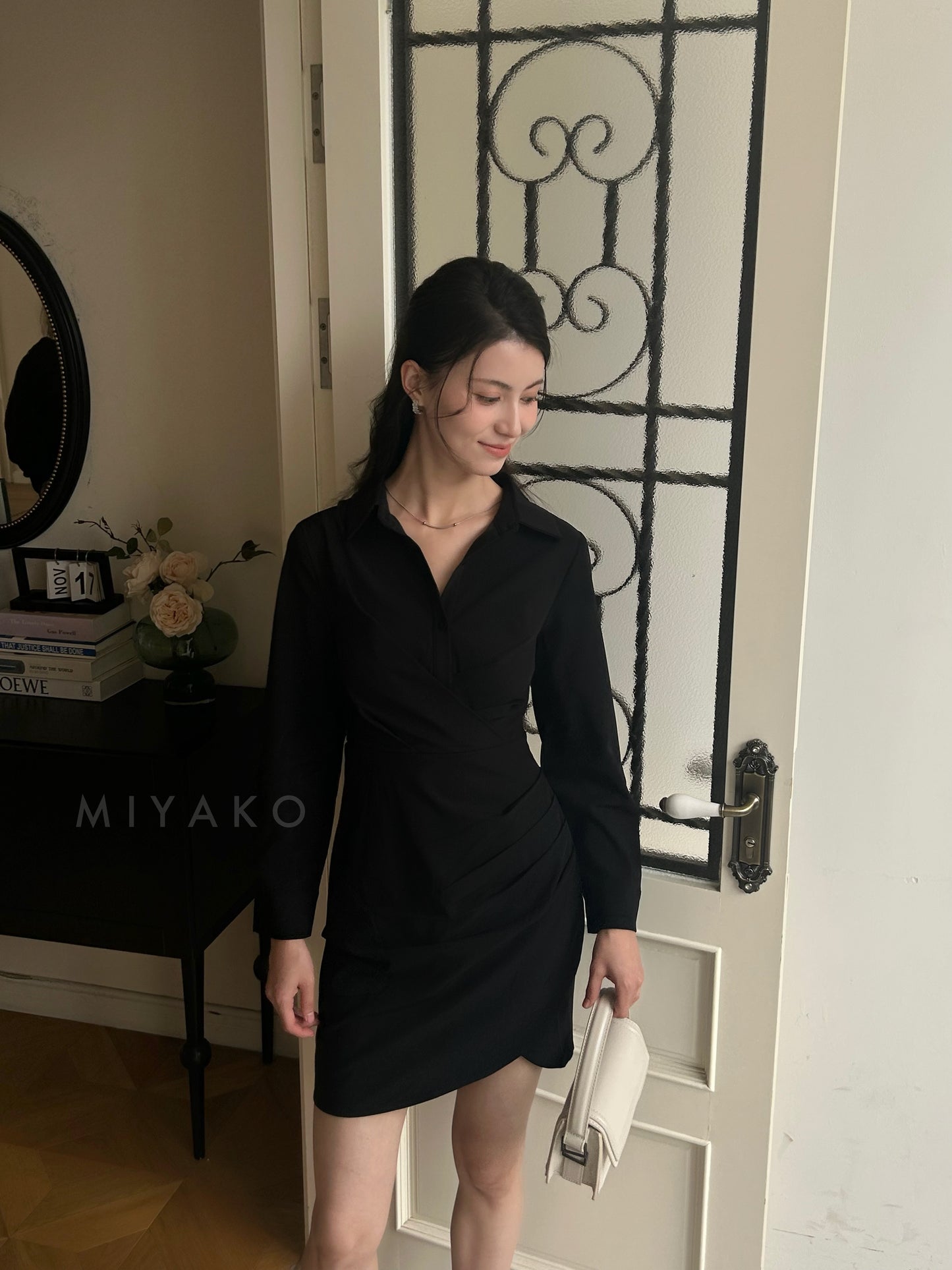 Jovene Collar Long Sleeve Dress in Black