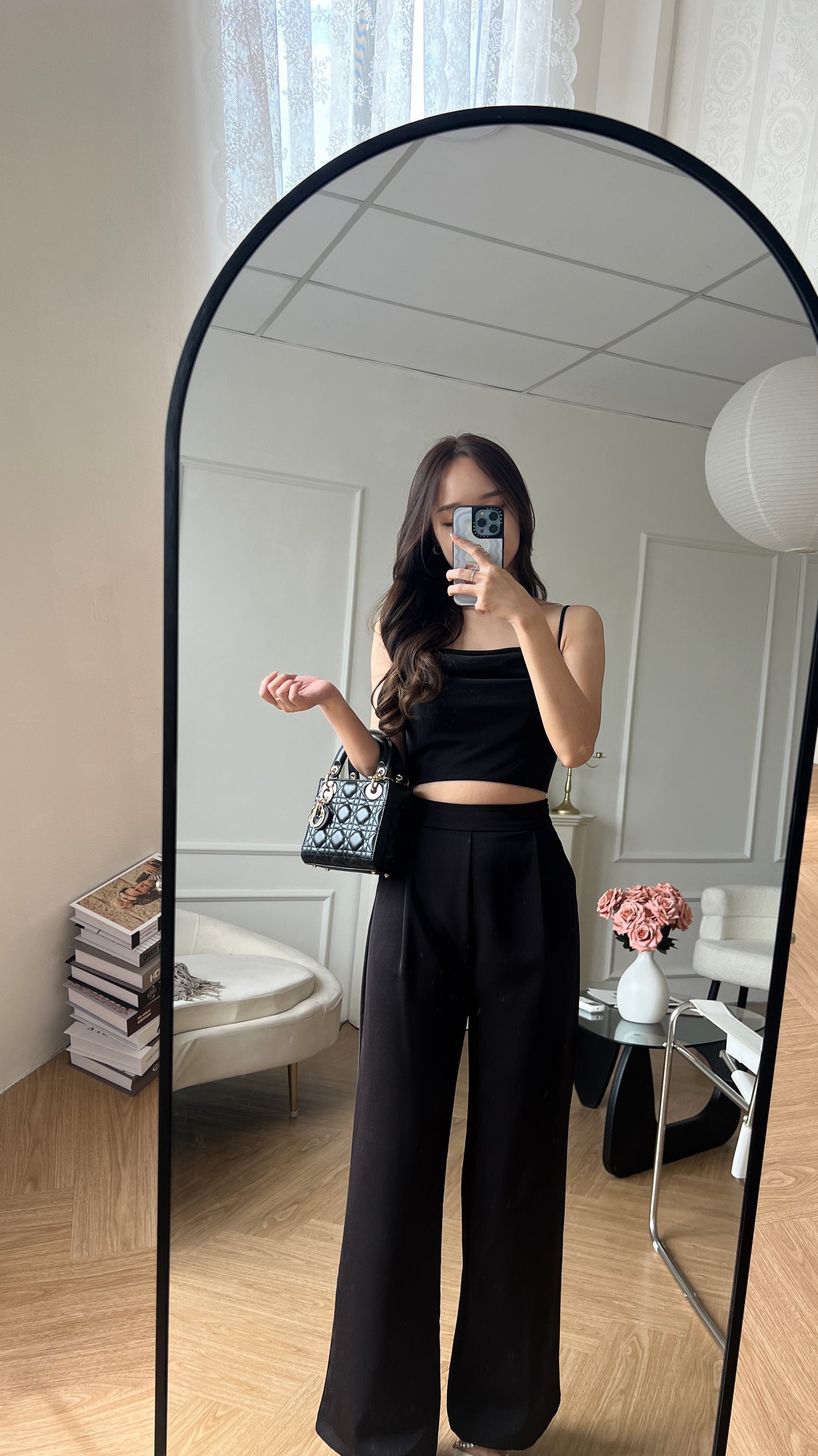 Rosy satin high waist pant in Black