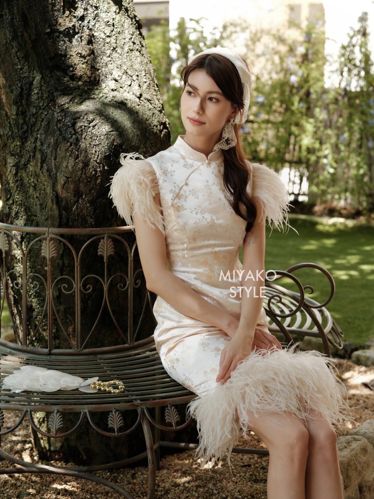 【孔雀开屏】Feather Cheongsam Dress in Pink 香槟粉女装连身裙