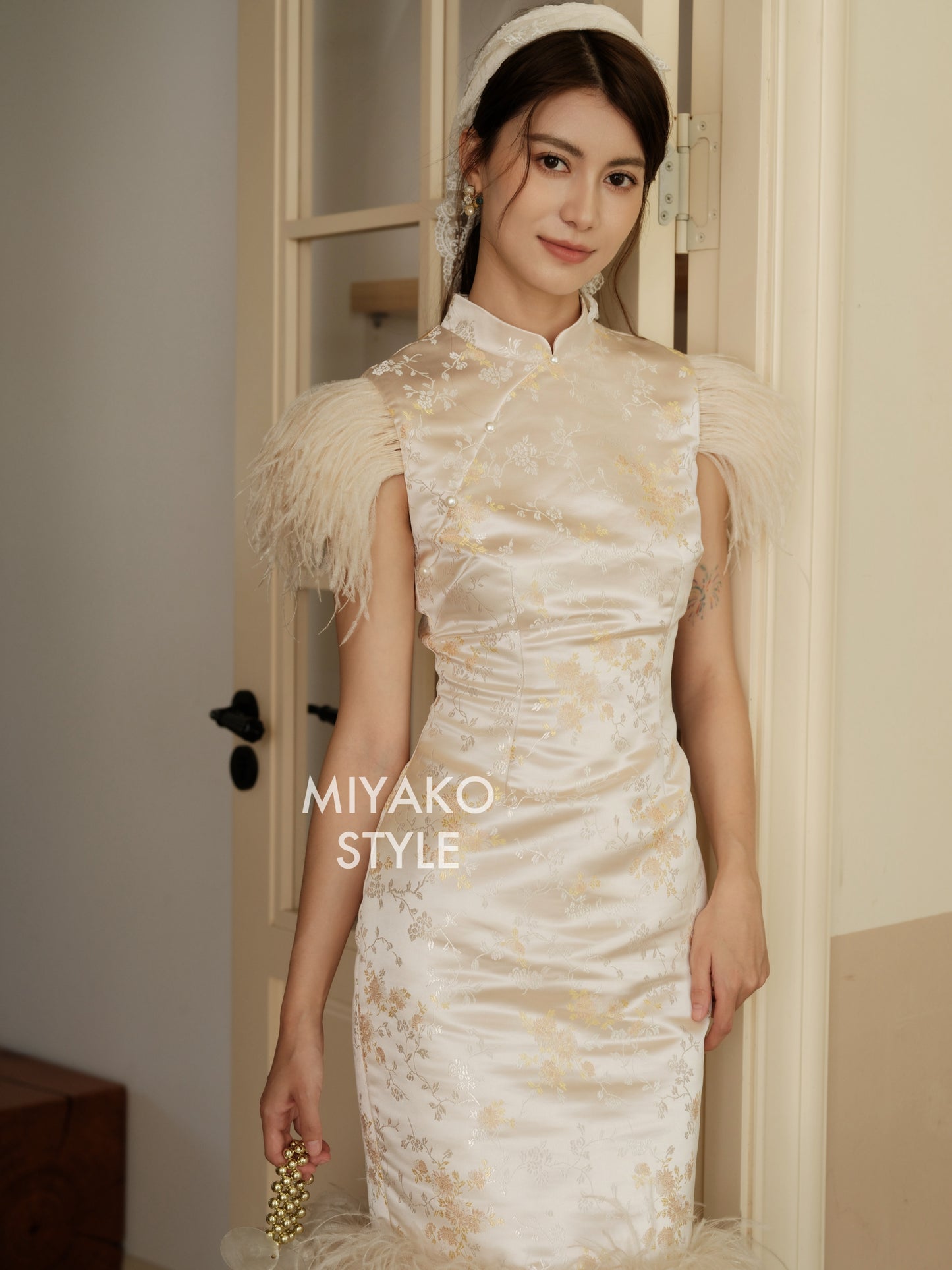 【孔雀开屏】Feather Cheongsam Dress in Pink 香槟粉女装连身裙