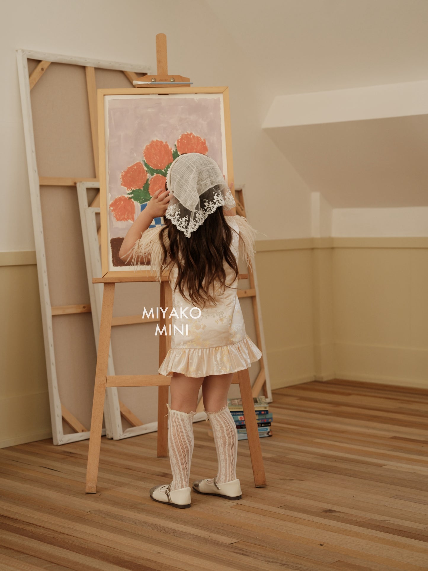 【孔雀开屏】Feather Cheongsam Little Girl Dress in Pink 香槟粉小女孩连身裙