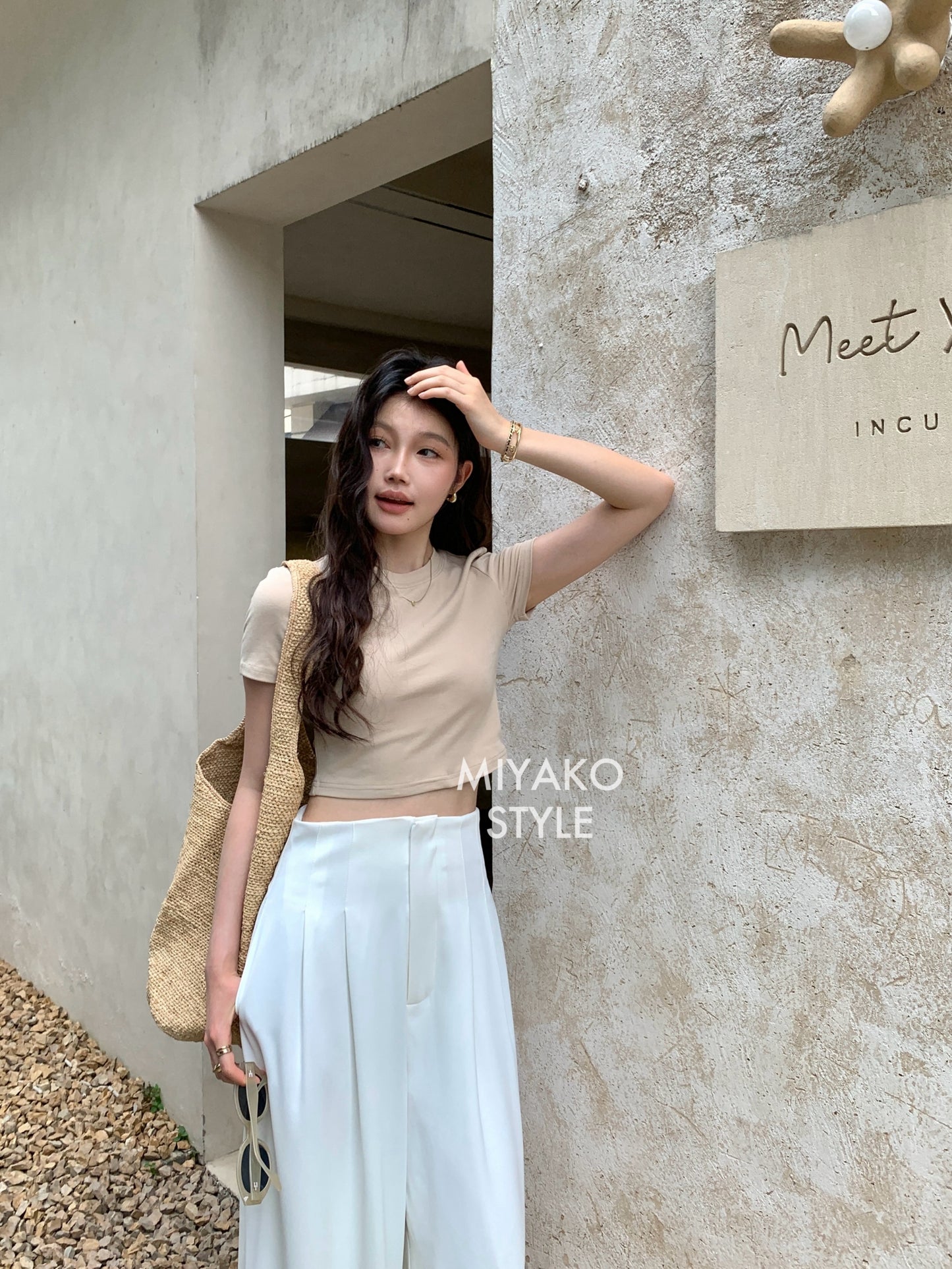 Anna Short Sleeve Crop Top in Beige