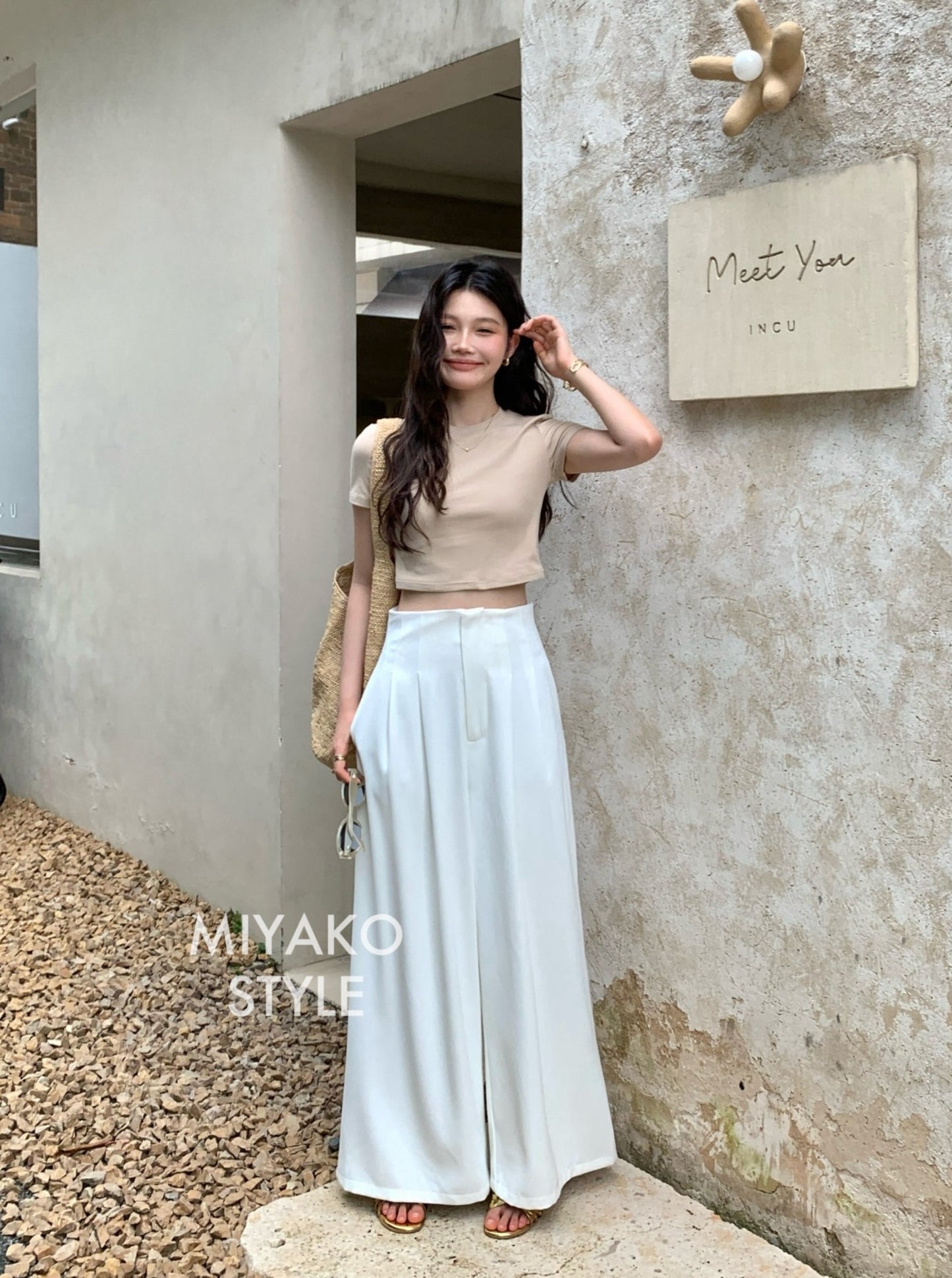 Anna Short Sleeve Crop Top in Beige