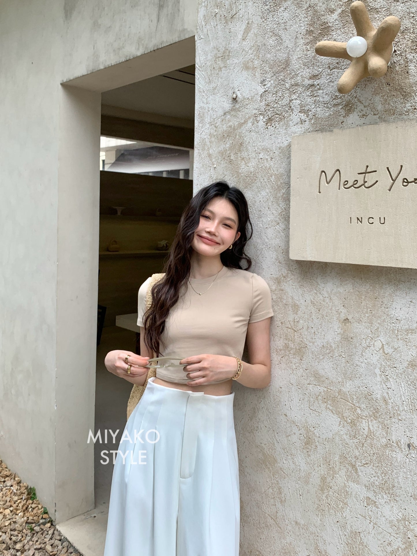 Anna Short Sleeve Crop Top in Beige