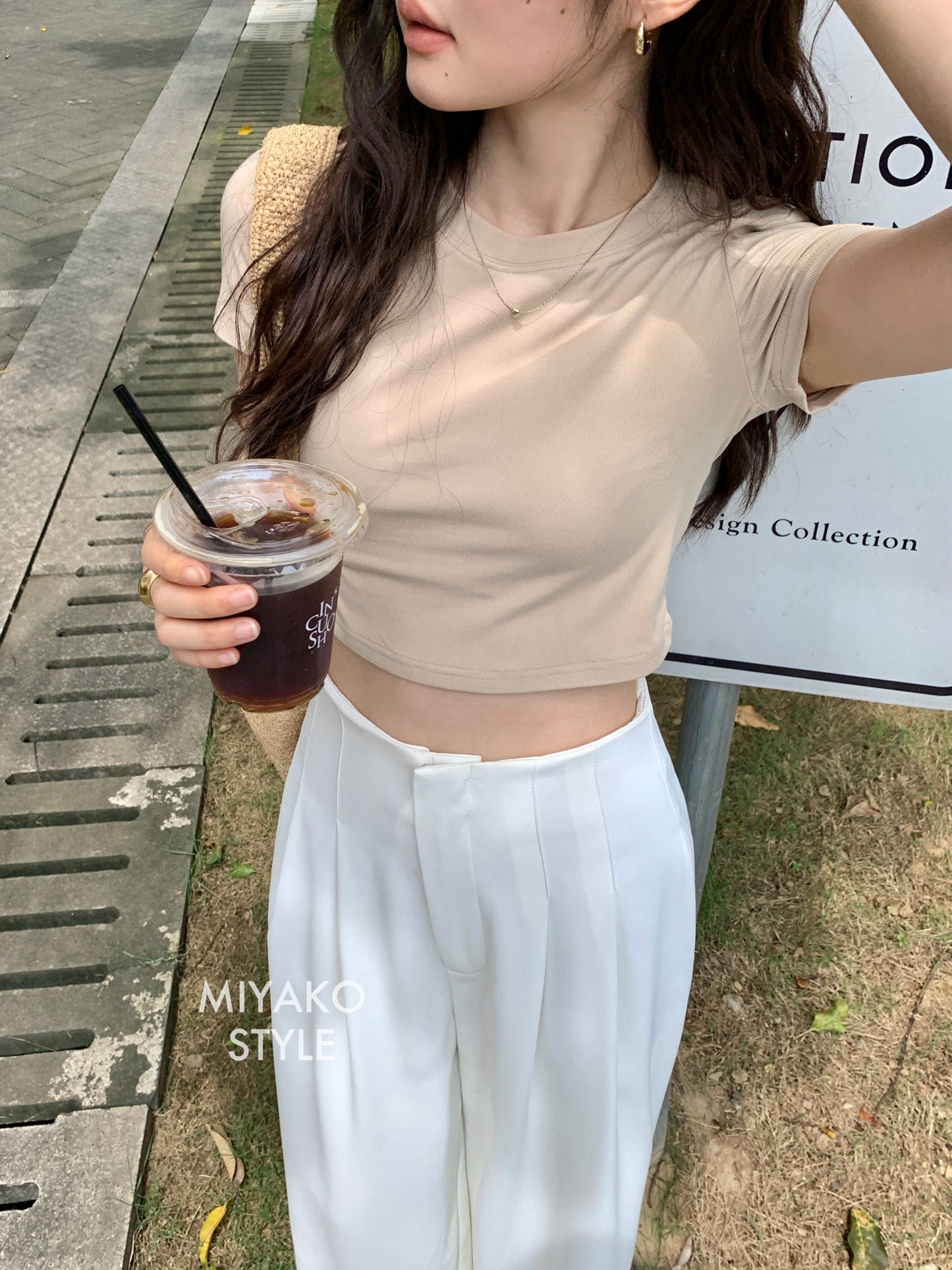 Anna Short Sleeve Crop Top in Beige