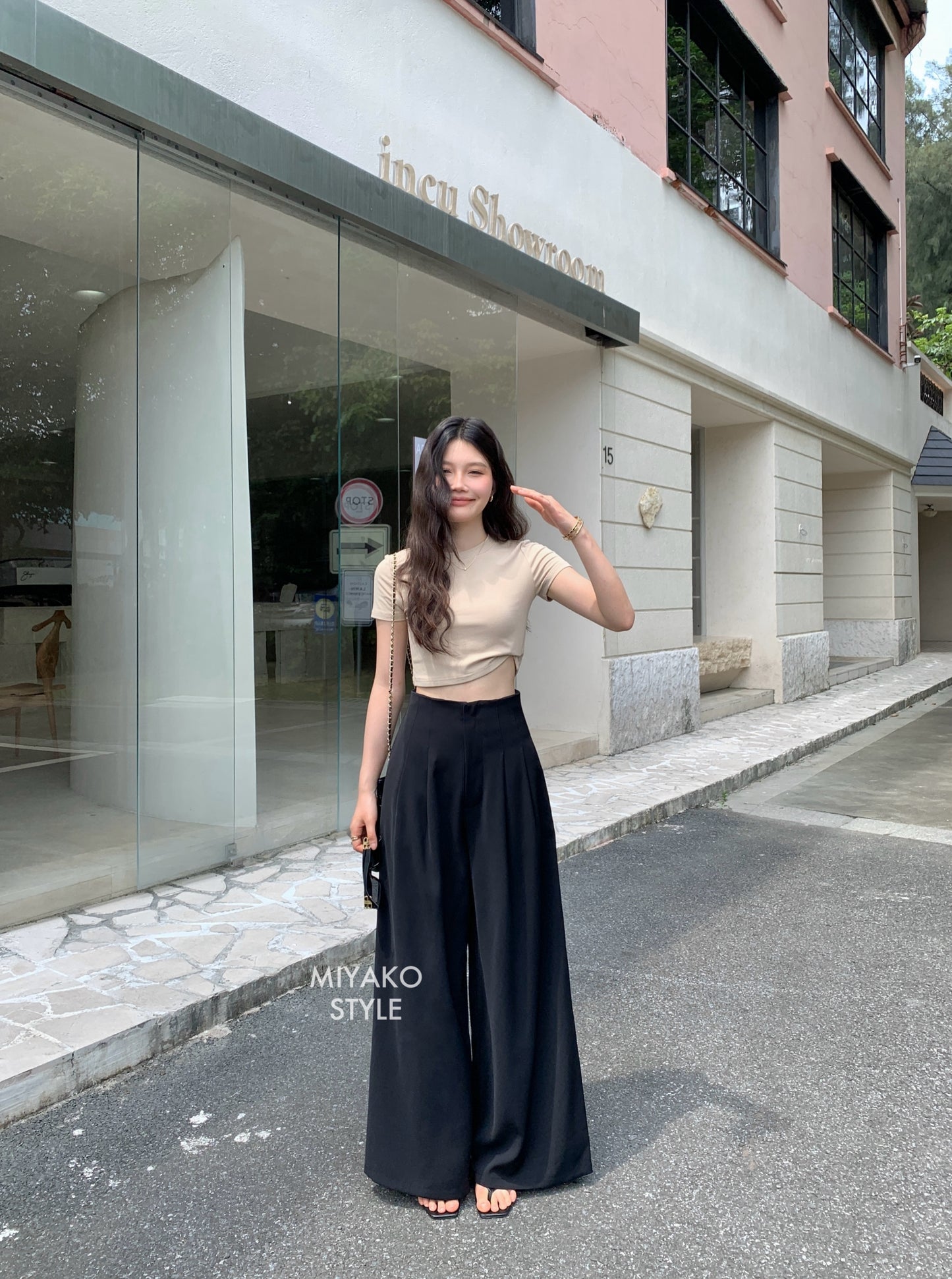 Anna Short Sleeve Crop Top in Beige
