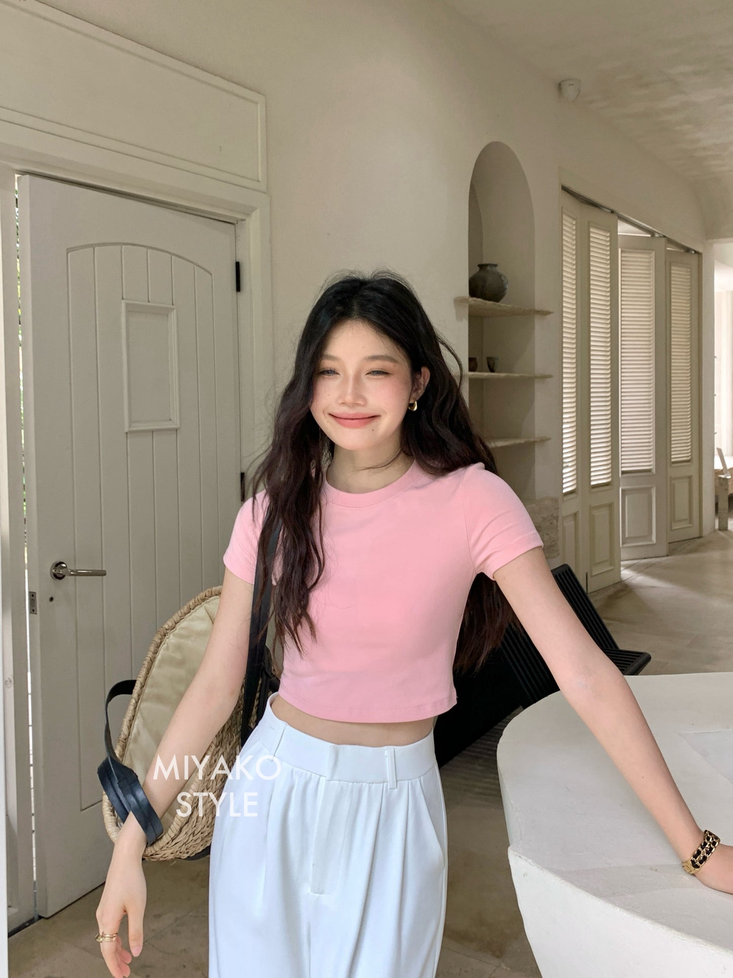 Anna Short Sleeve Crop Top in Pink