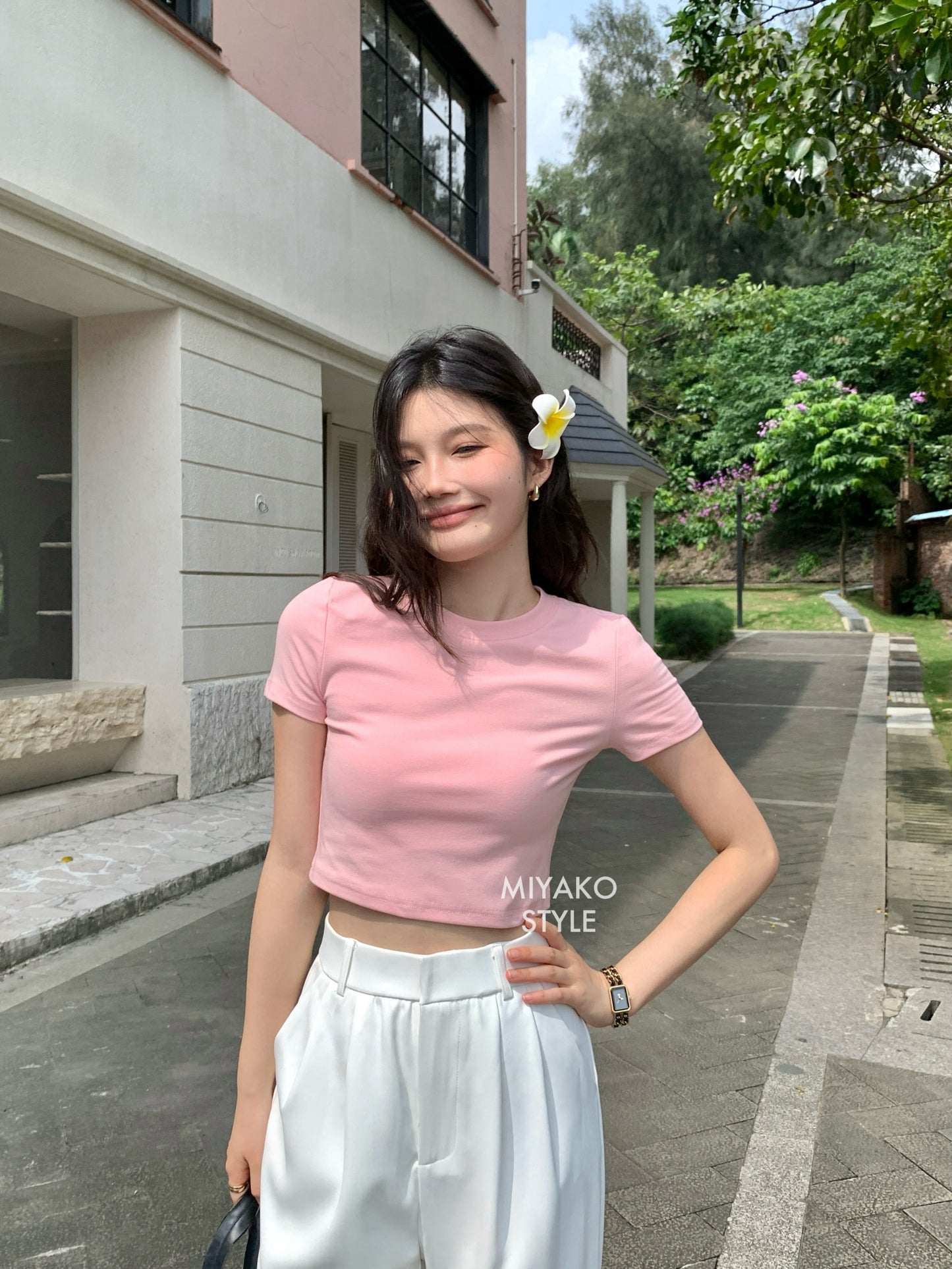 Anna Short Sleeve Crop Top in Pink