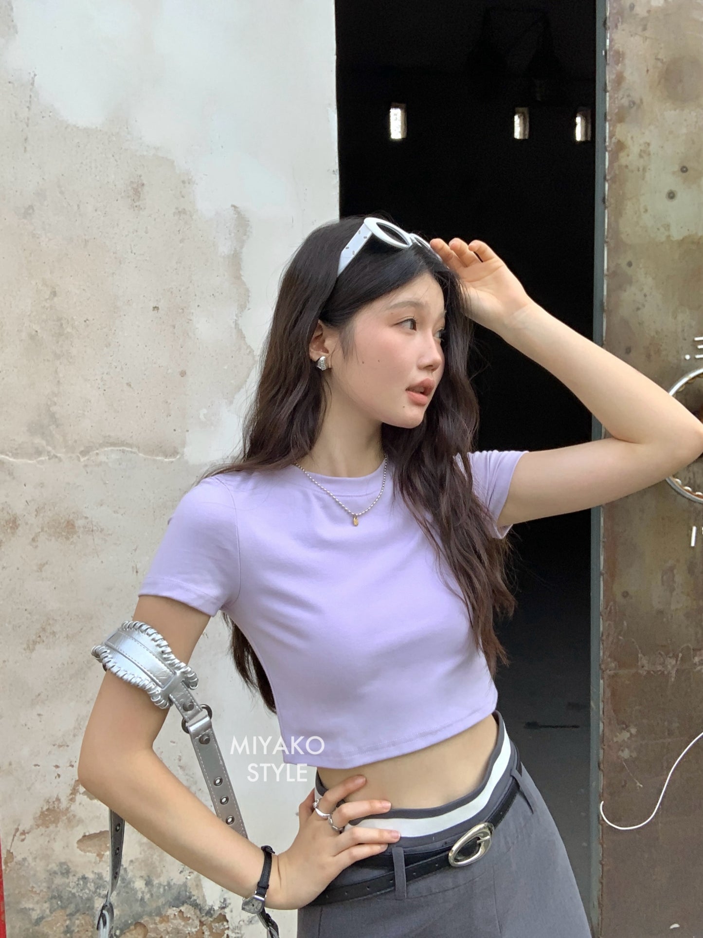 Anna Short Sleeve Crop Top in Purple