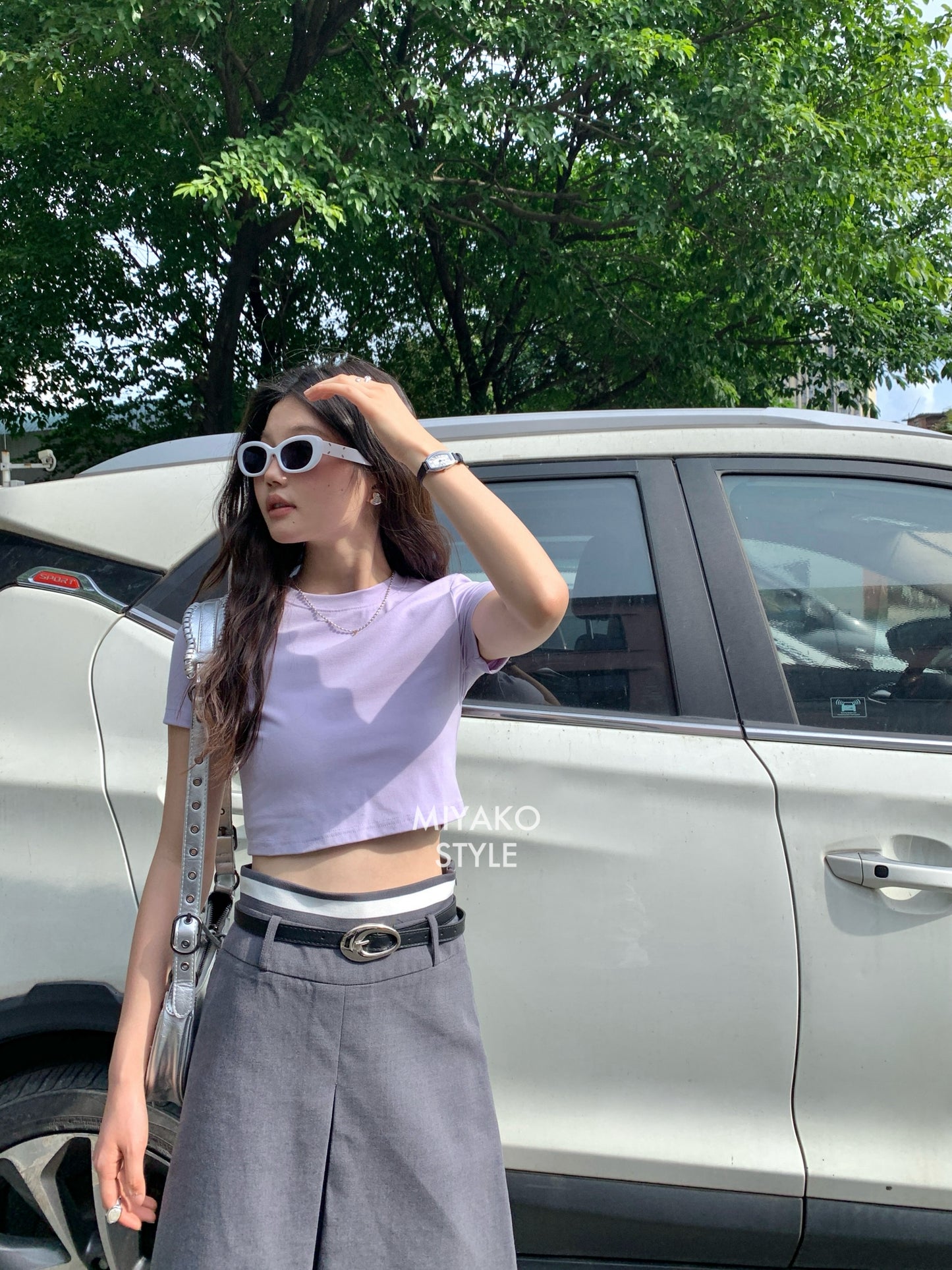 Anna Short Sleeve Crop Top in Purple