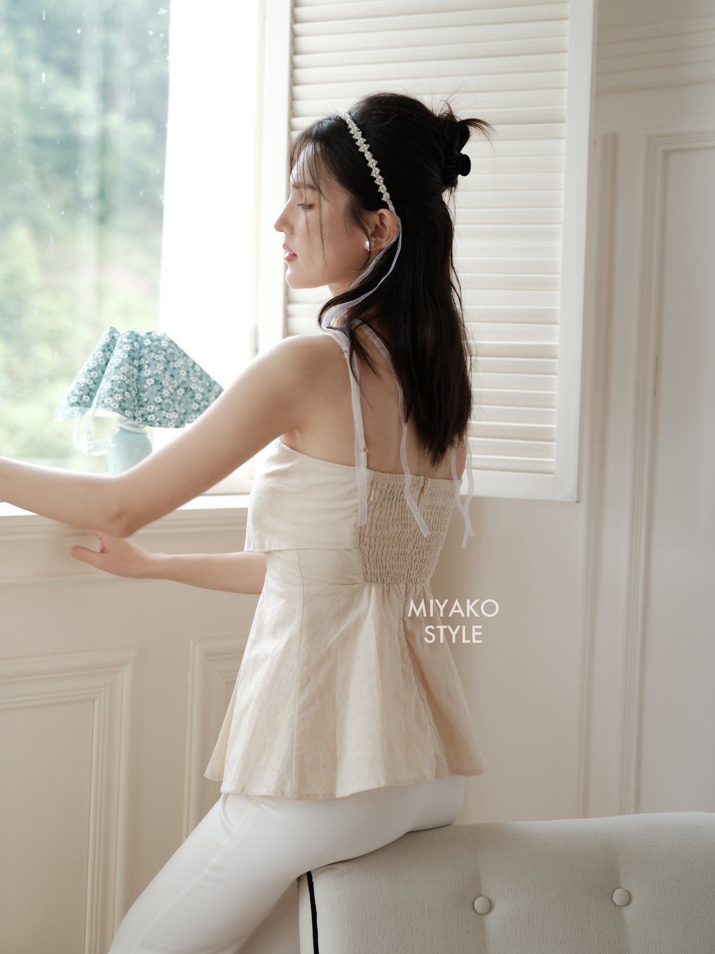 Linen Padded Cami Top in Beige
