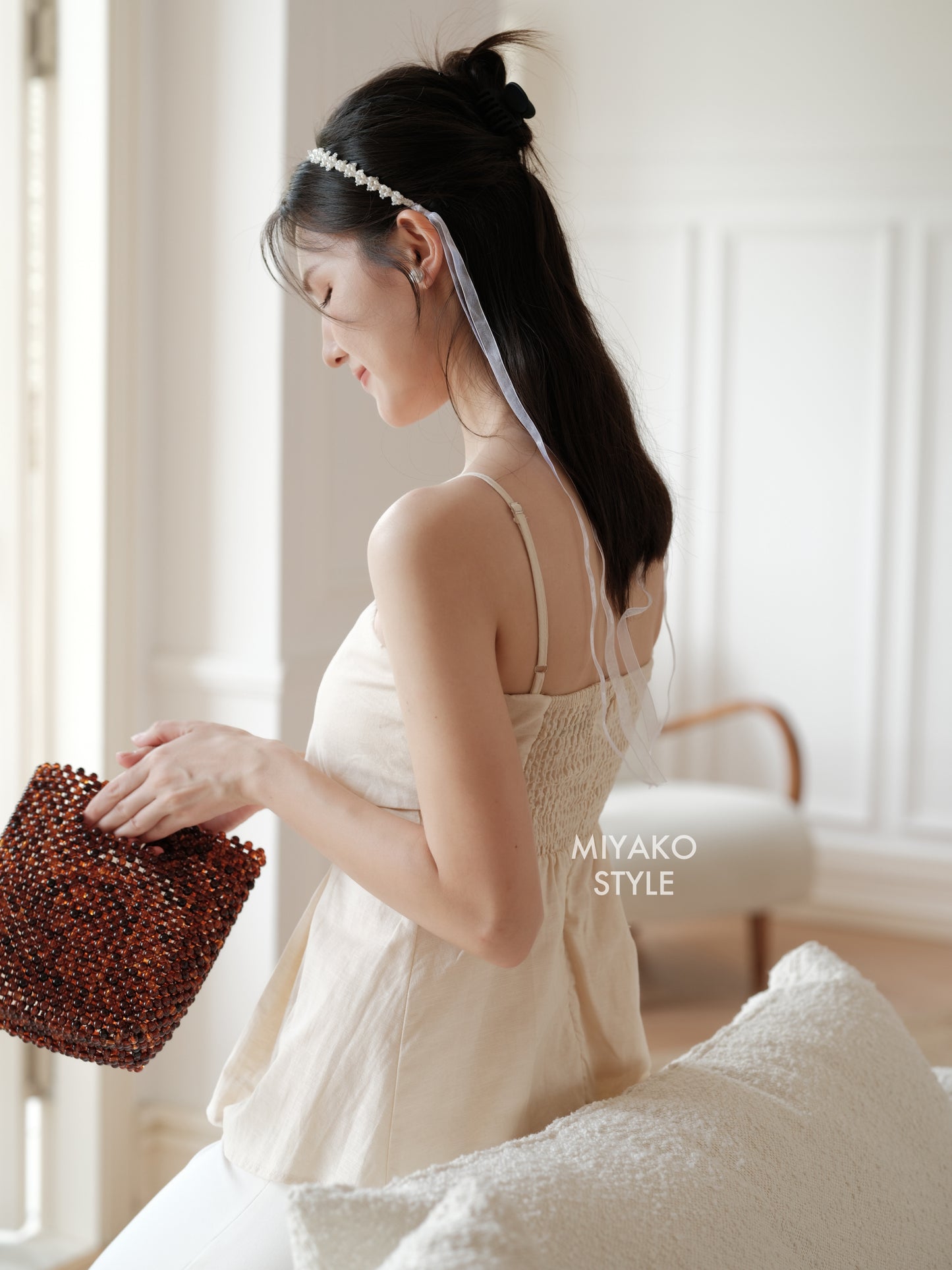 Linen Padded Cami Top in Beige