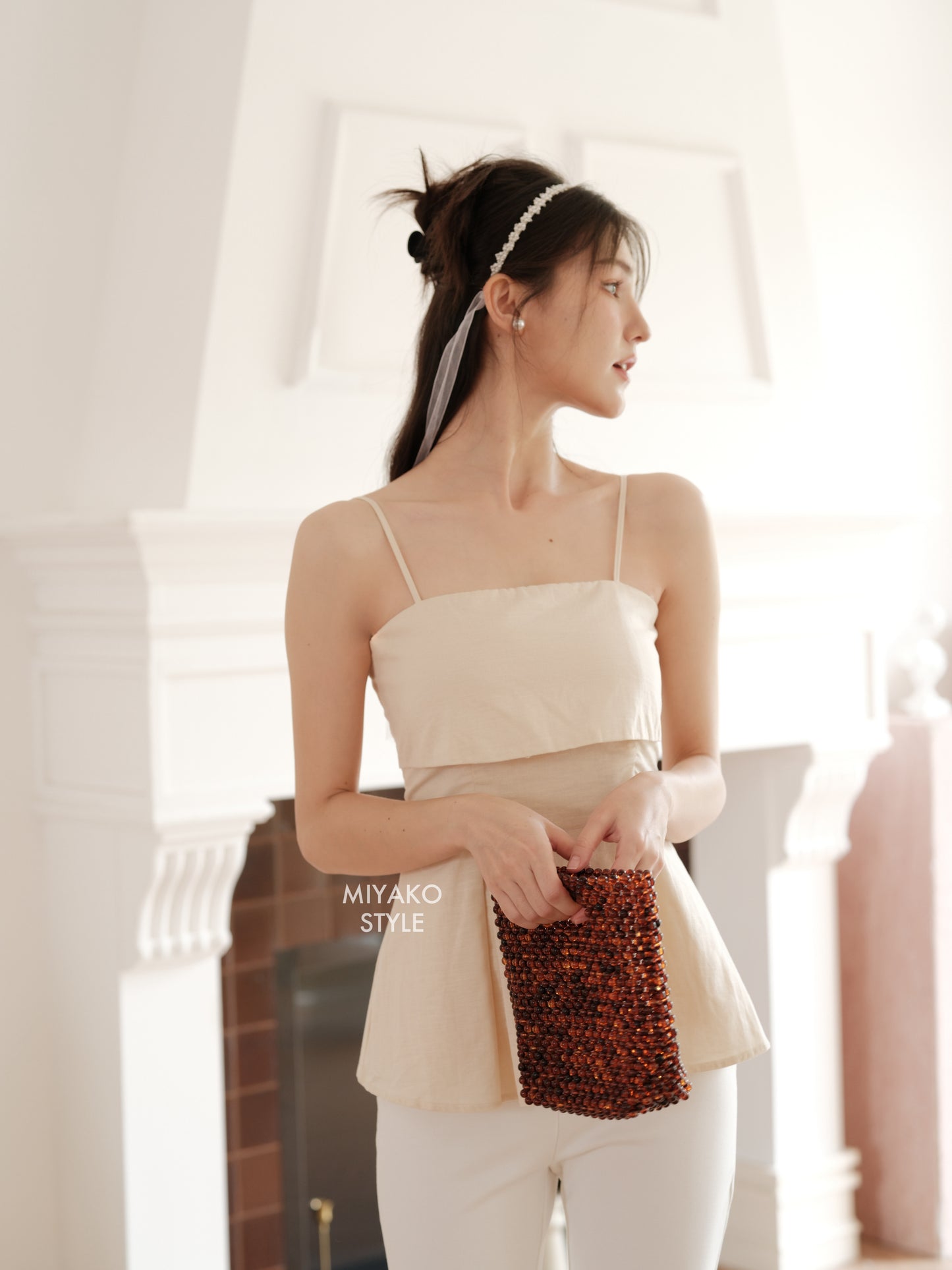 Linen Padded Cami Top in Beige