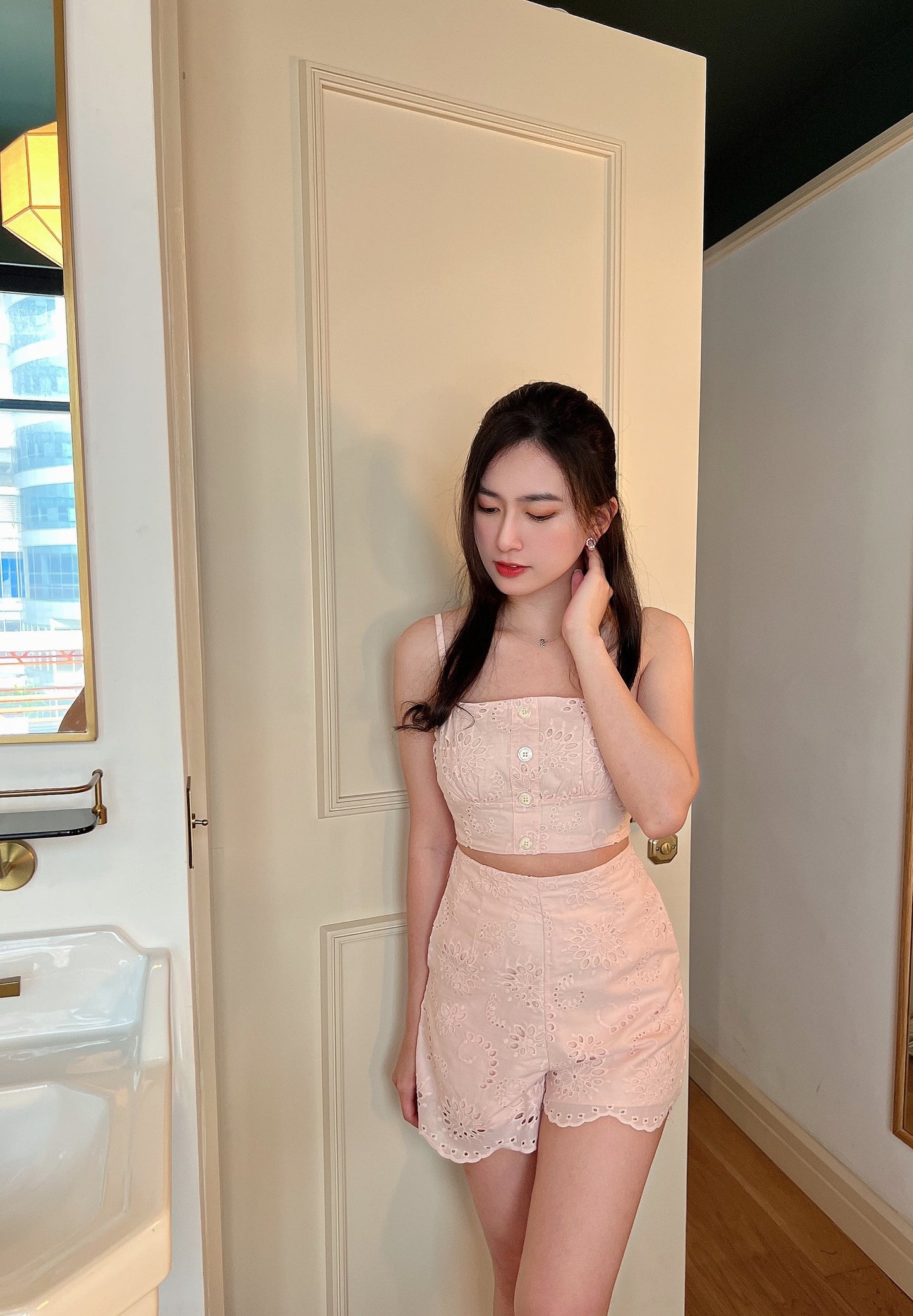 (DEFECT) Summer cotton eyelet cami top in Pink
