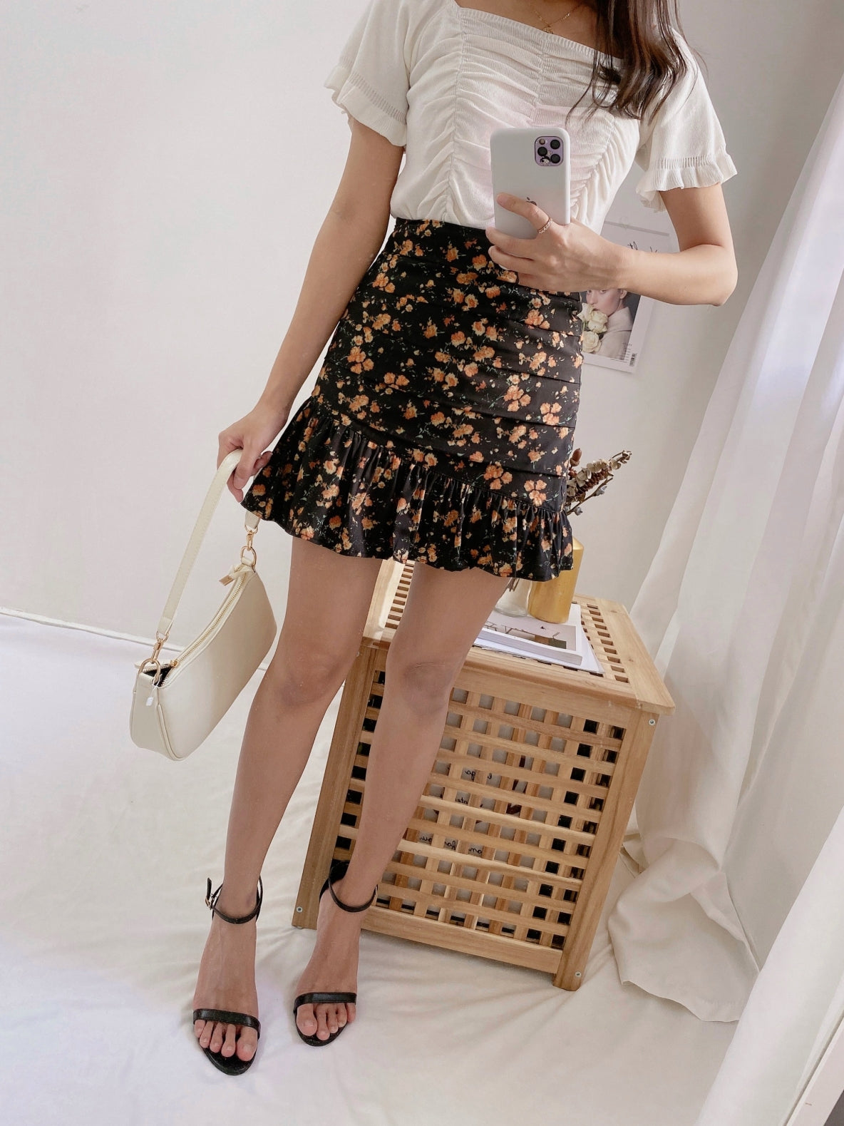 Floral Ruffle Skirt in black