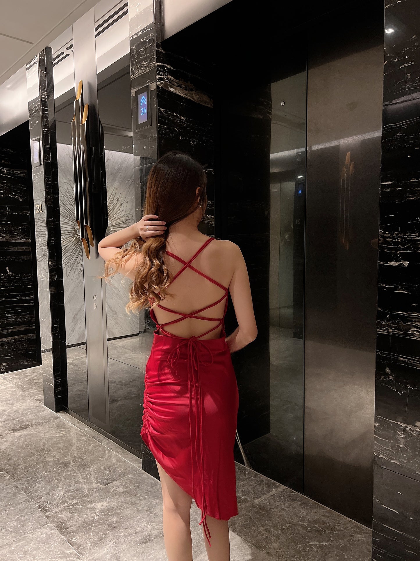Mia Sexy Split Satin Short Dress in Red