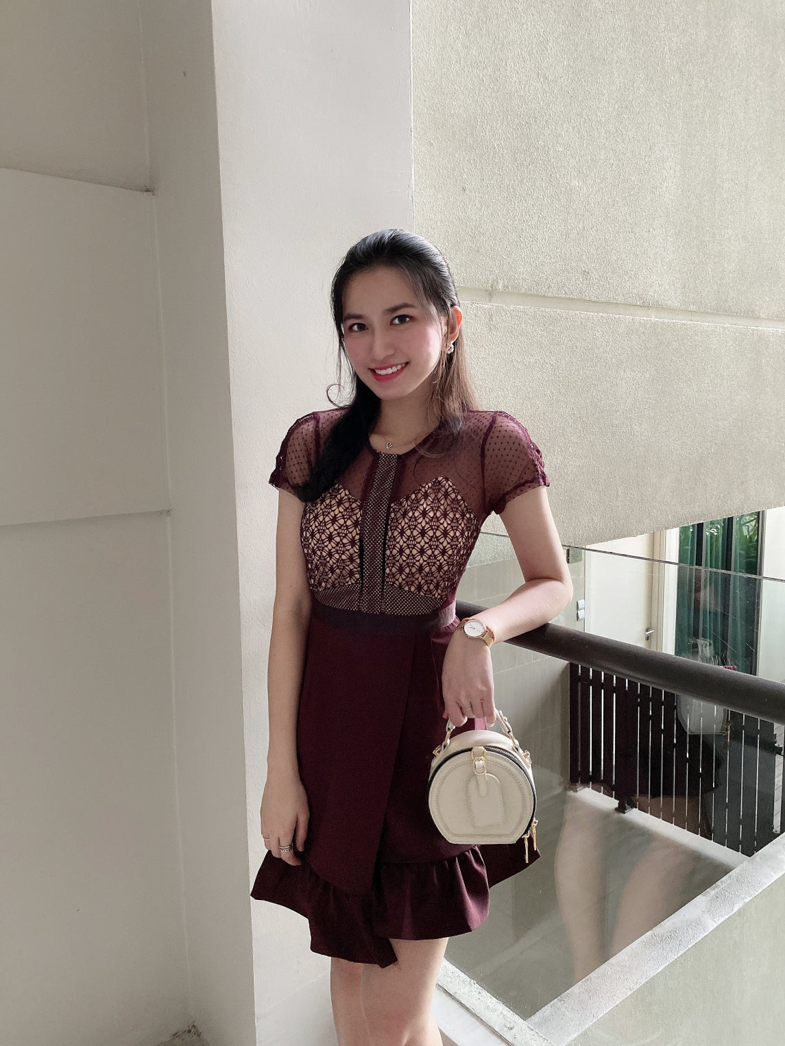 Janelle dot mesh ruffle dress in maroon