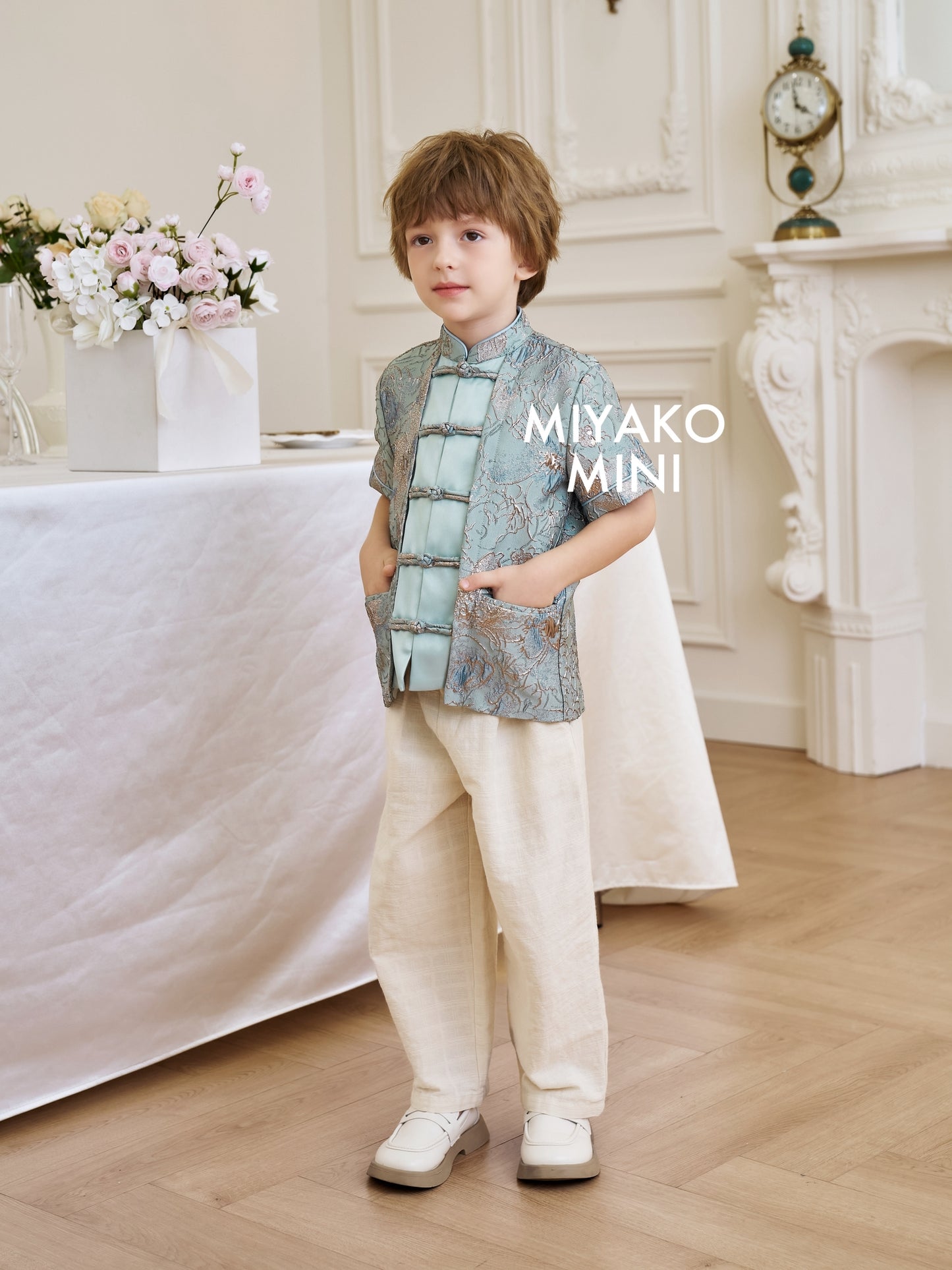 【万事如亿】Billionaire Premium Boy Suit Cheongsam in Sea Blue 绿蓝色小男孩唐装