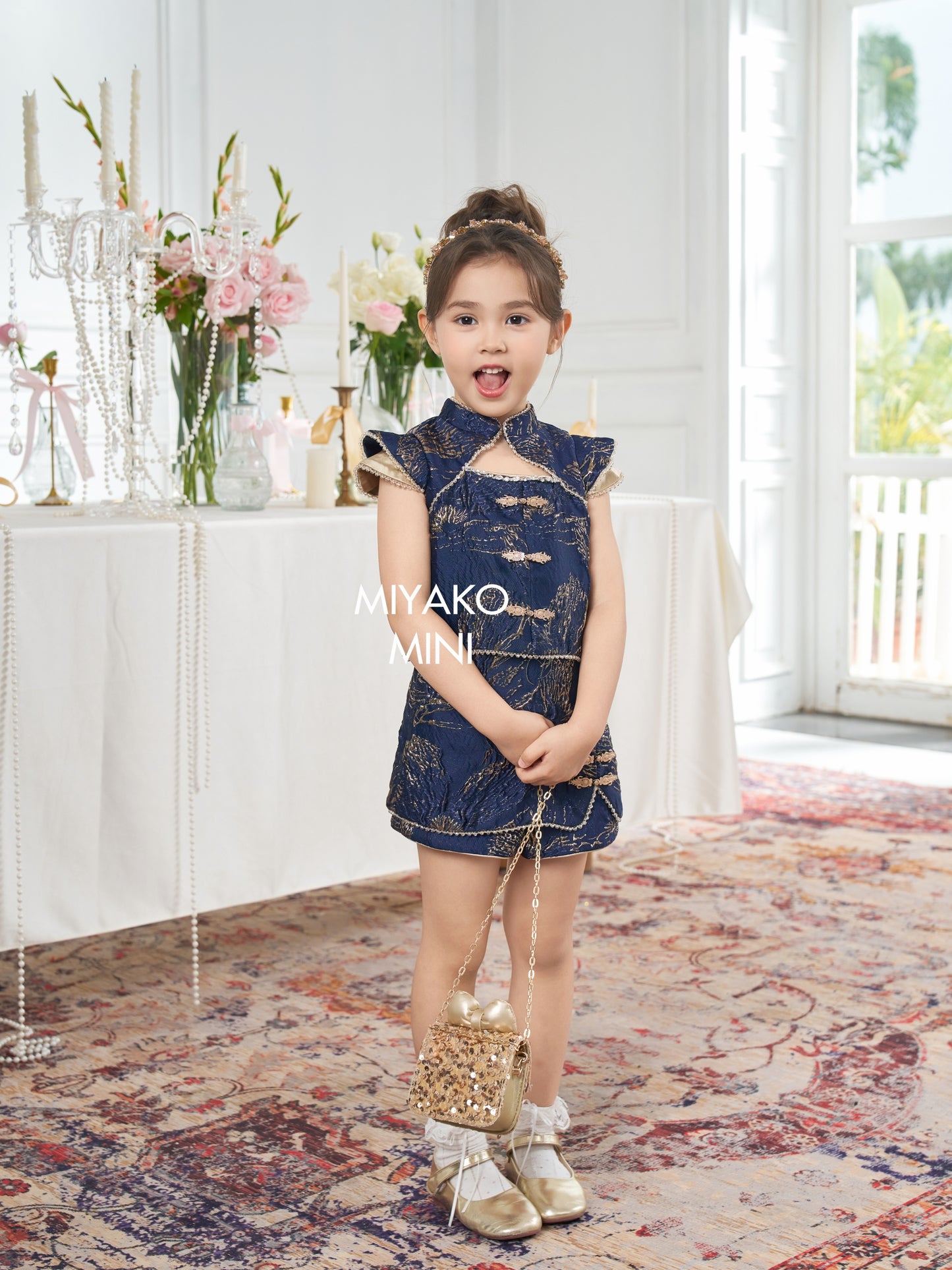 【人气小女团】Jenlisa Premium Cheongsam Girl Skirt in Golden Navy 深蓝色小女孩裙子