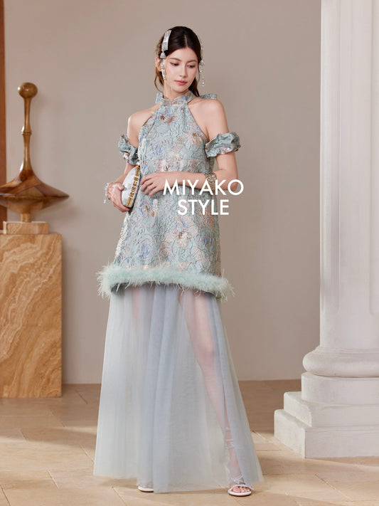 【万事如亿】Billionaire Detachable Sleeve Halter Dress in Sea Blue 绿蓝色女装挂脖连身裙
