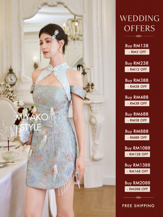 【万事如亿】Billionaire Embroidered Padded & Detachable Sleeve Mini Cheongsam Dress in Sea Blue 绿蓝色女装短款