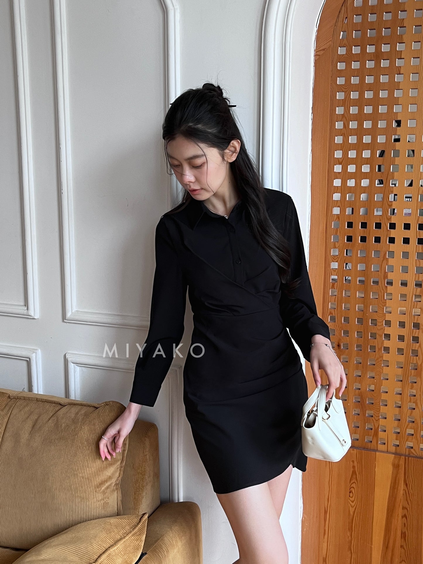 Jovene Collar Long Sleeve Dress in Black