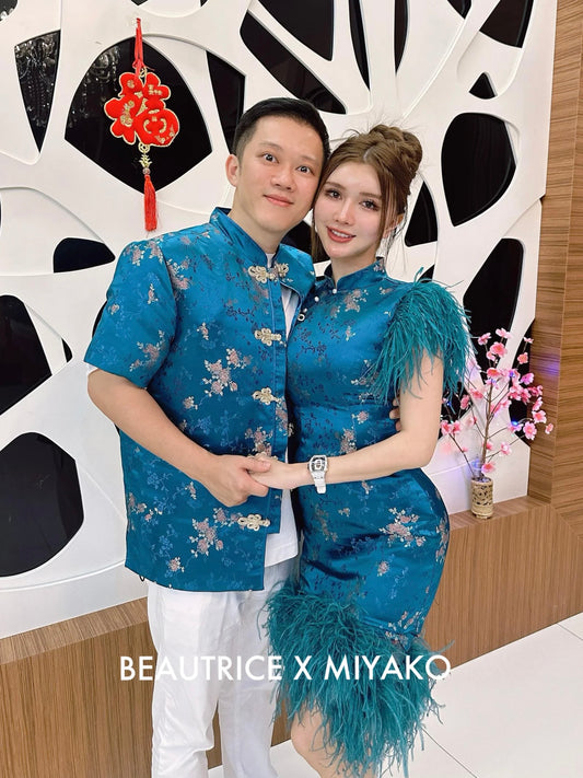 【孔雀开屏】Feather Cheongsam Men Suit in Blue 孔雀蓝男唐装