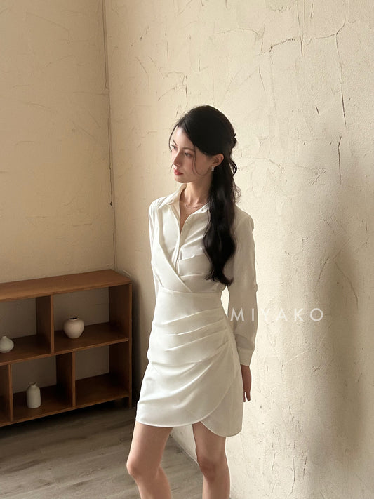 Jovene Collar Long Sleeve Dress in White