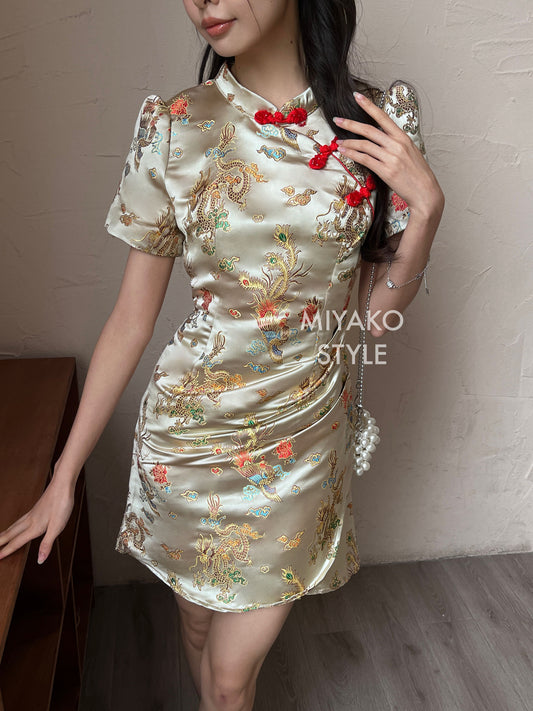 (DEFECT)【金龙彩凤】Dragon Cheongsam Dress in Gold 金色旗袍连衣裙