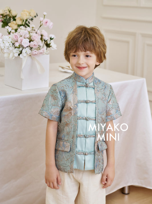 【万事如亿】Billionaire Premium Boy Suit Cheongsam in Sea Blue 绿蓝色小男孩唐装