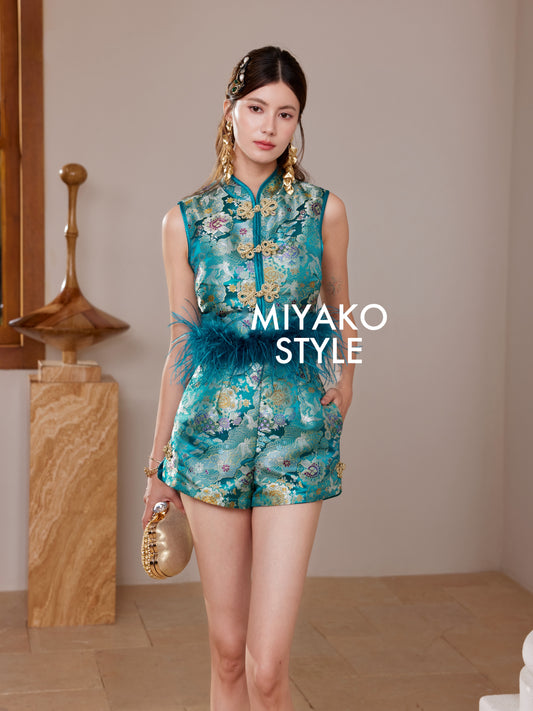 【名门望族】Noble Premium Detachable Fur Sleeveless Top in Peacock Blue 孔雀蓝女装上衣