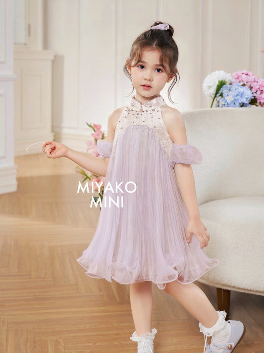 【倾国倾城】Goddess Premium Rhinestone Halter Girl Dress in Purple 紫色小女孩挂脖连身裙