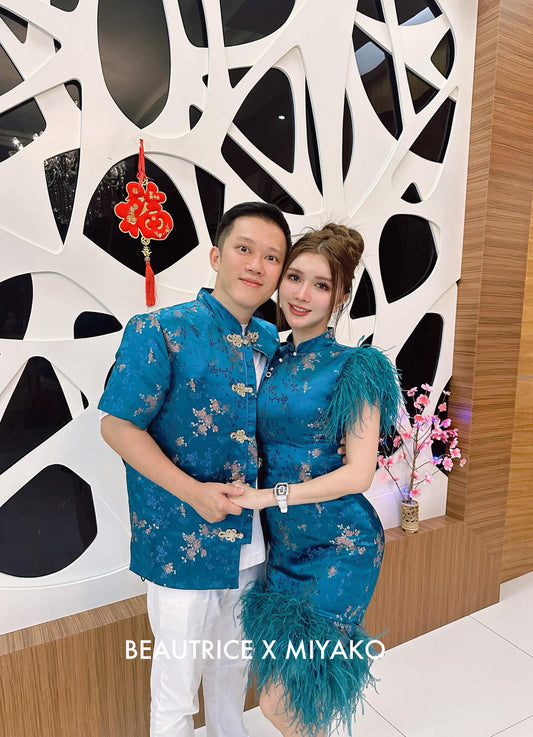 【孔雀开屏】Feather Cheongsam Dress in Blue 孔雀蓝女装连身裙