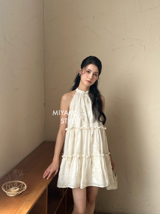 【花晨夕月】Hua Halter Mini dress in beige 短款杏色连衣裙